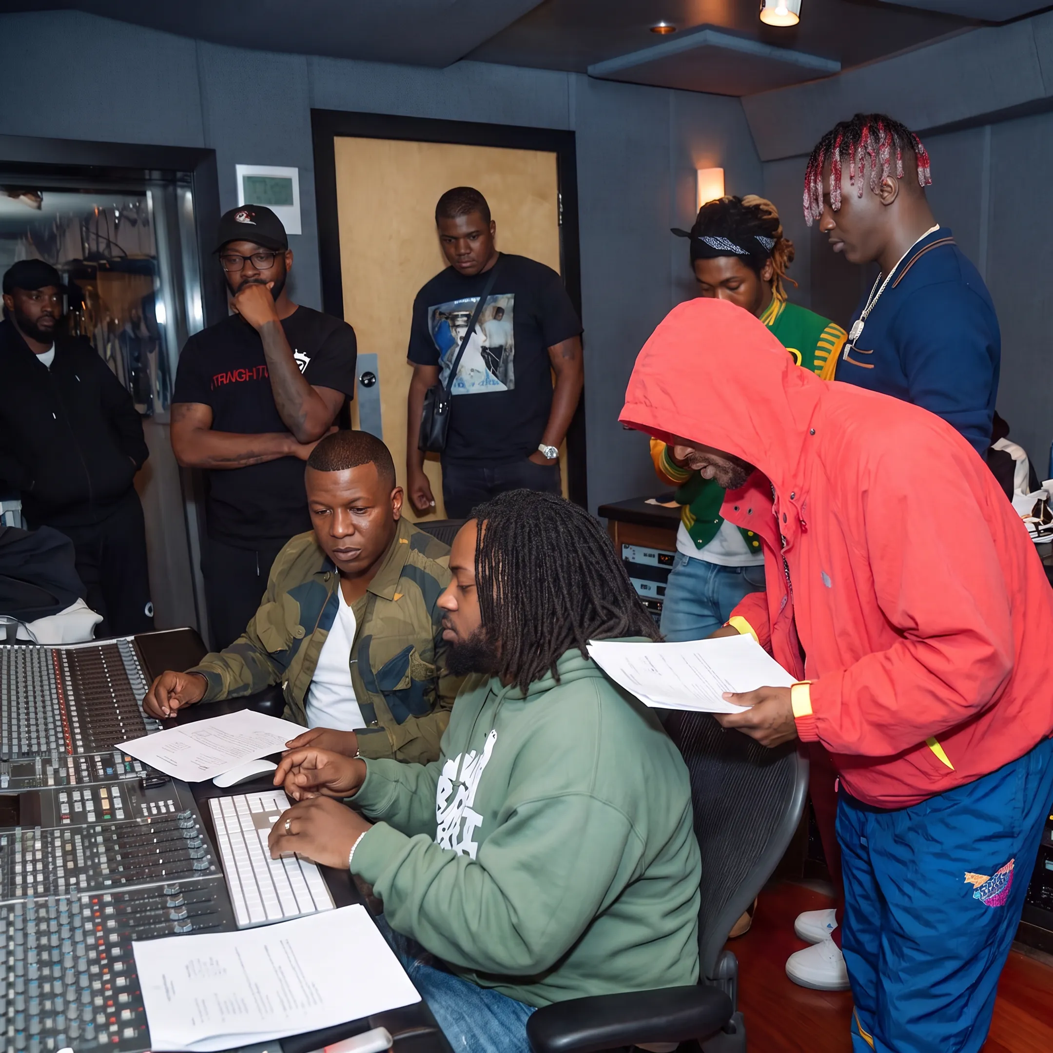 Music executive consulting with an artist in a modern recording studio environment.
