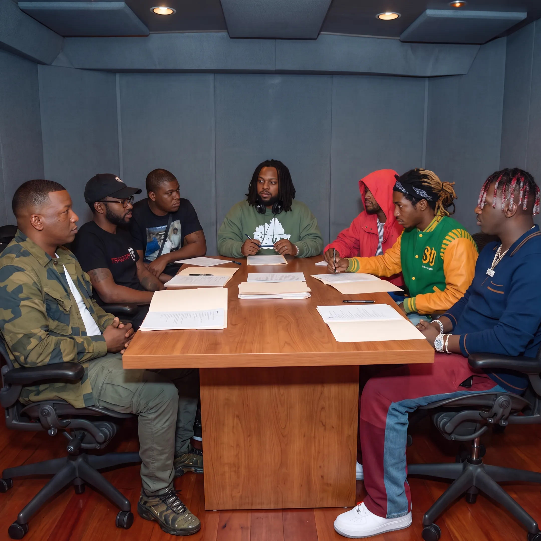 Artists collective management team discussing creative strategies
