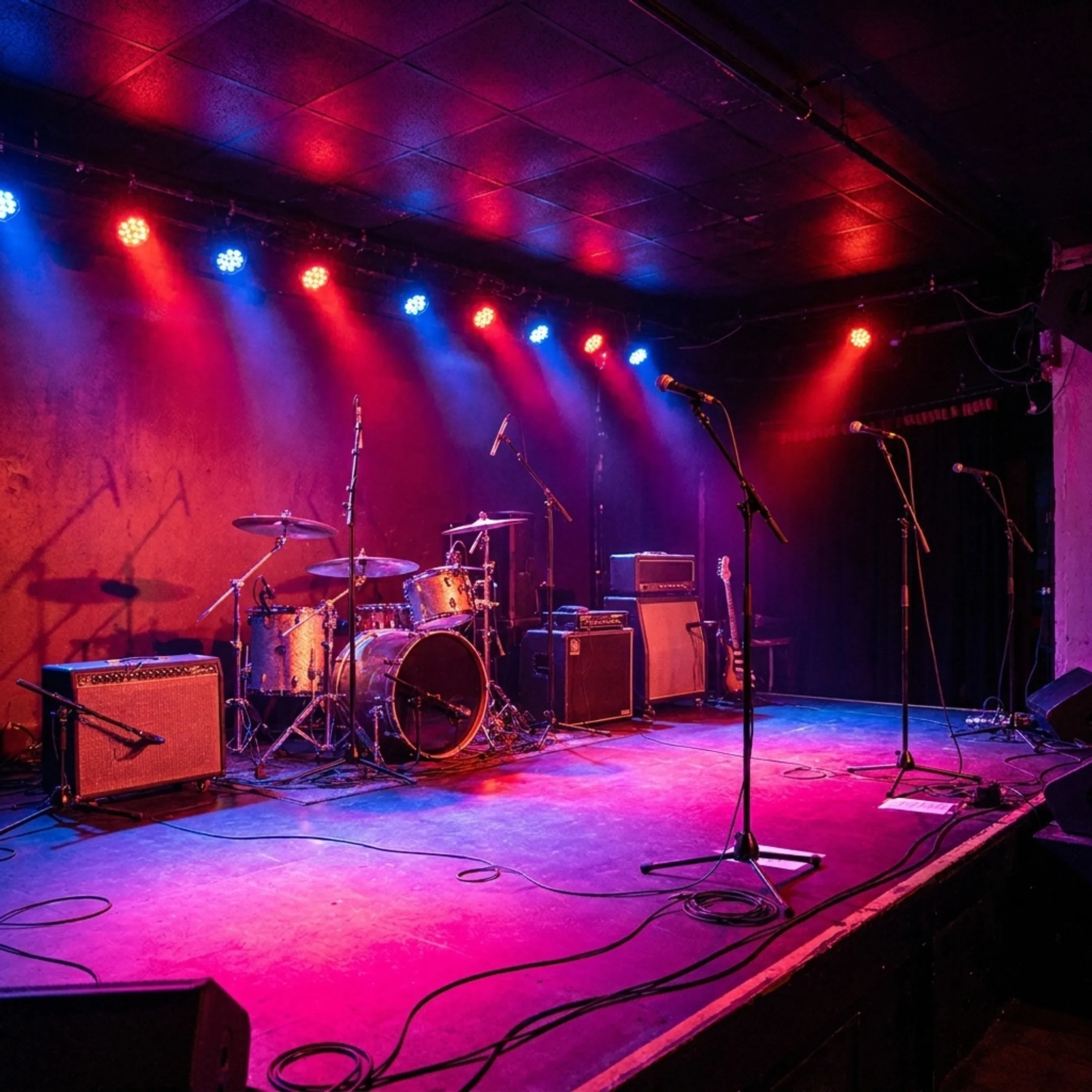 Music concert hall stage prepared for a live band performance in New York