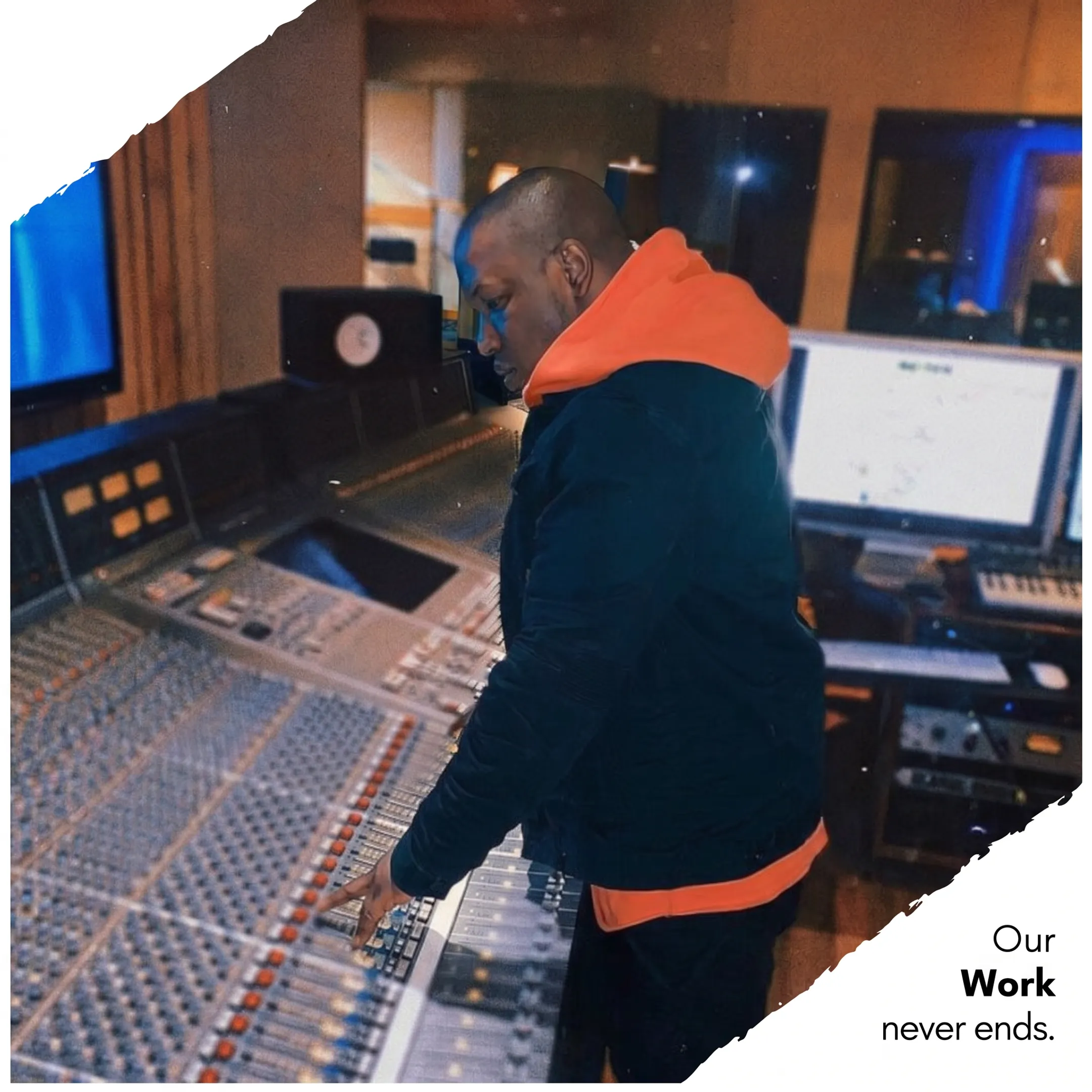 Music recording studio setup with professional mixing console and microphone
