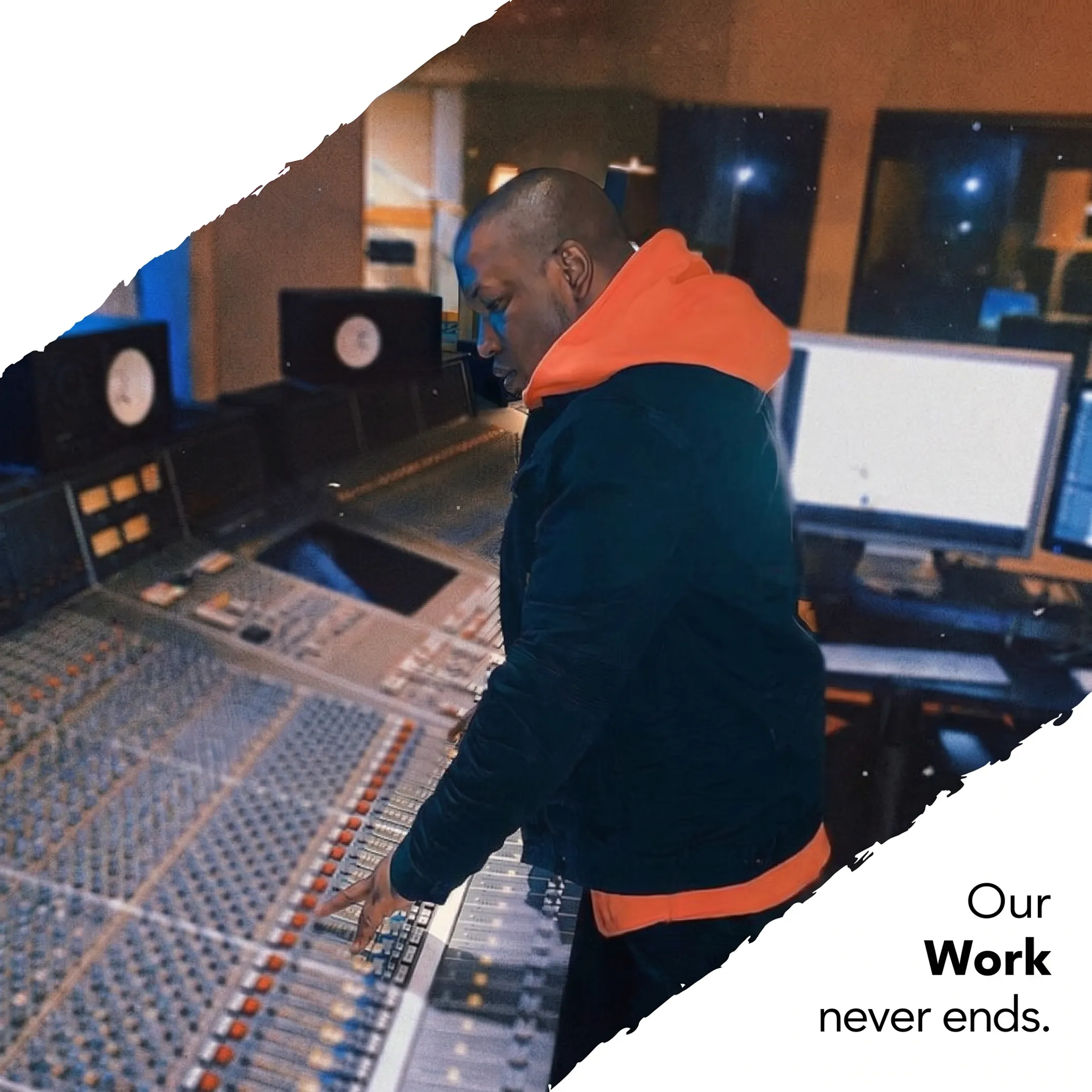 Broadcast sound engineer working at a radio mixing console