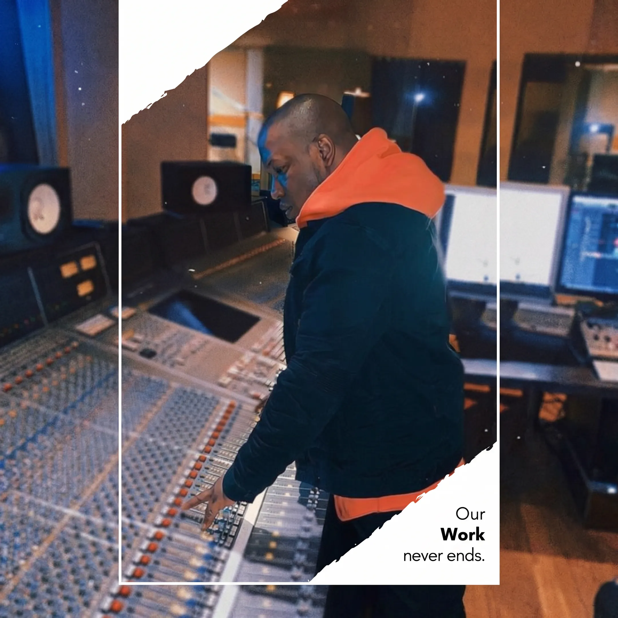 Professional recording studio mixing console and microphone setup for an artist PR campaign