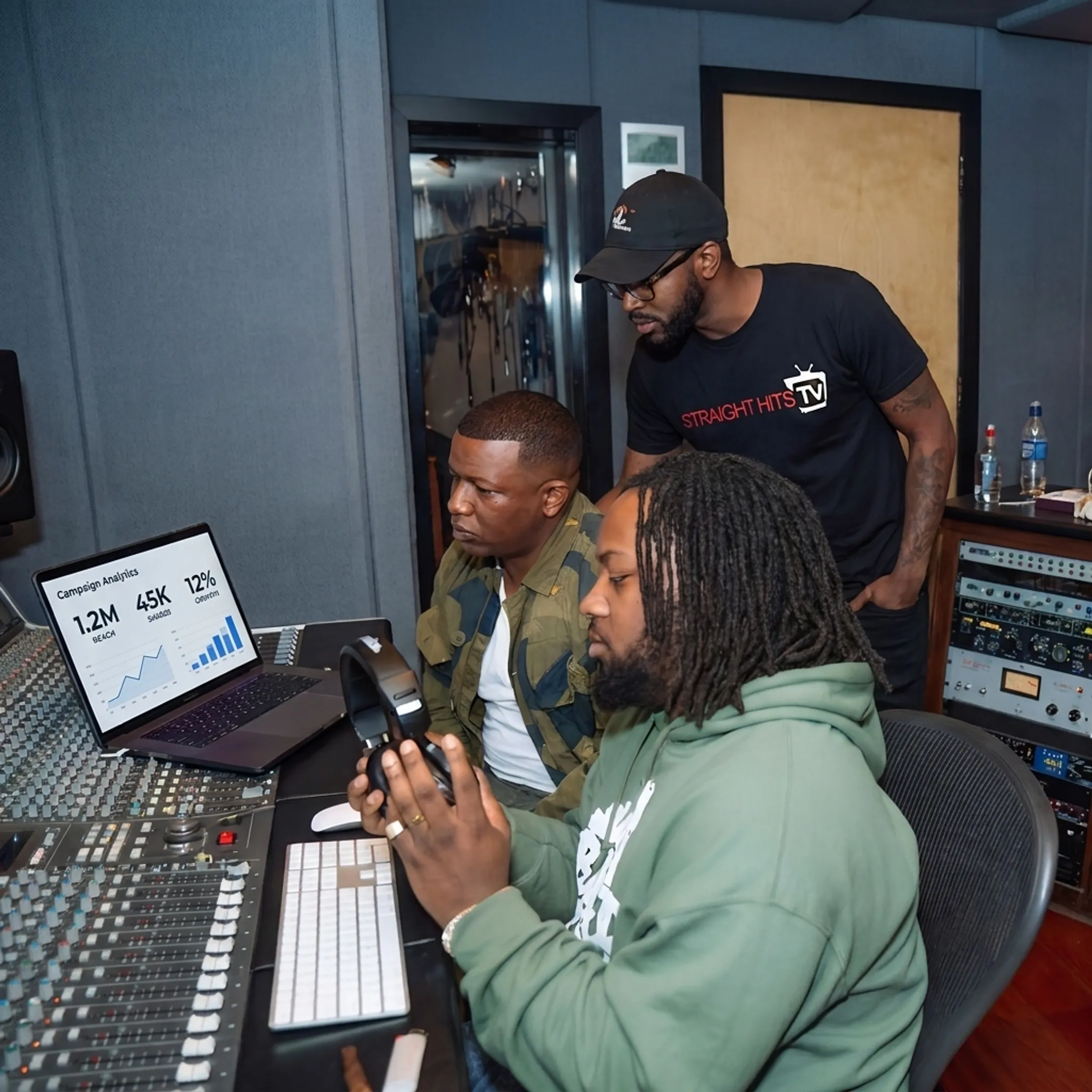 Music marketing executive discussing album rollout campaign strategy in a professional studio