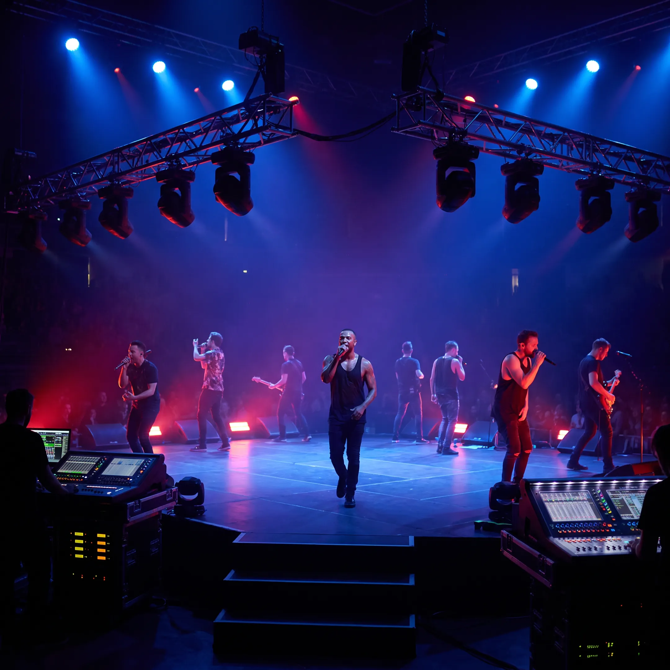 Live concert stage setup with touring crew and lighting rig