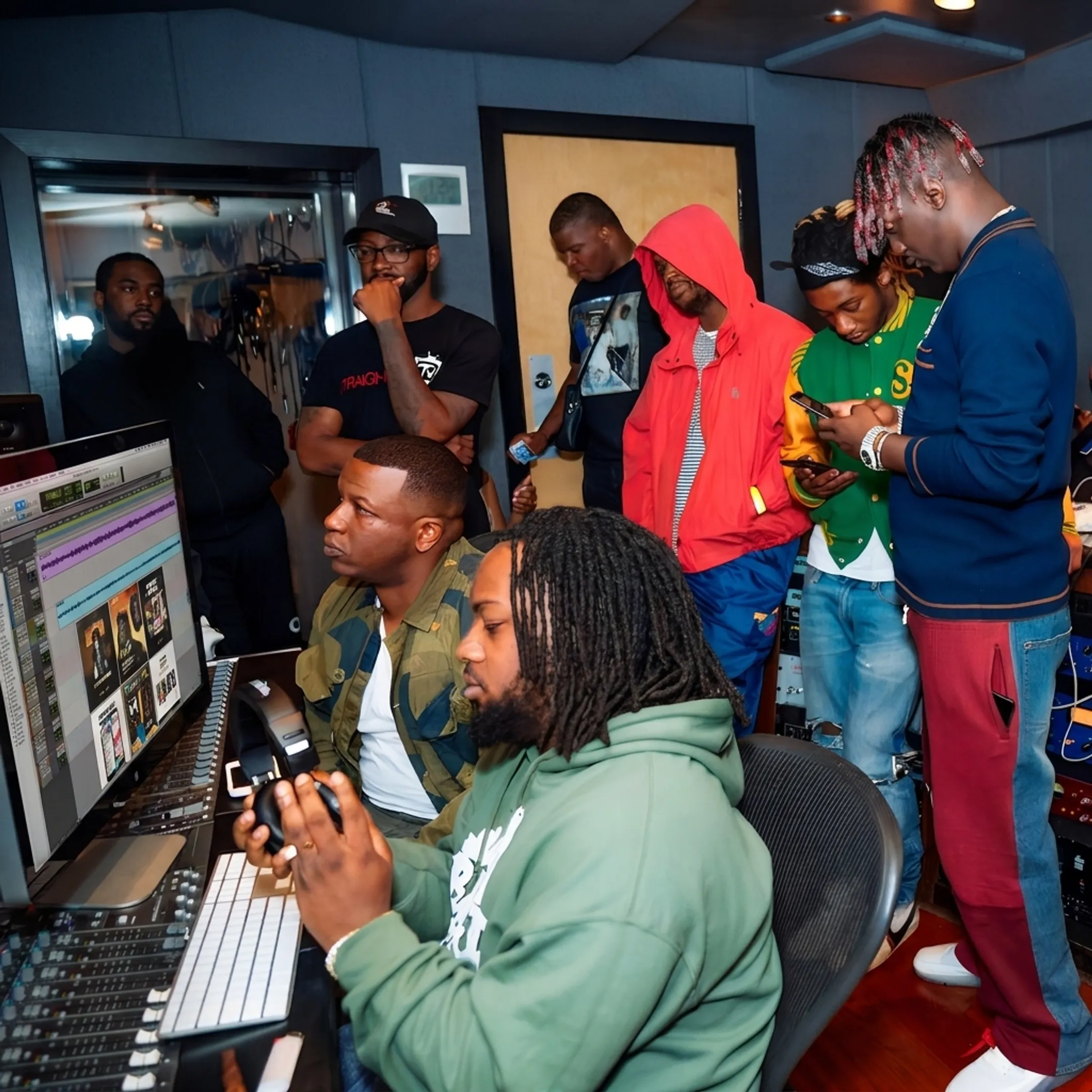 Music executive planning an album release rollout campaign with sound mixer