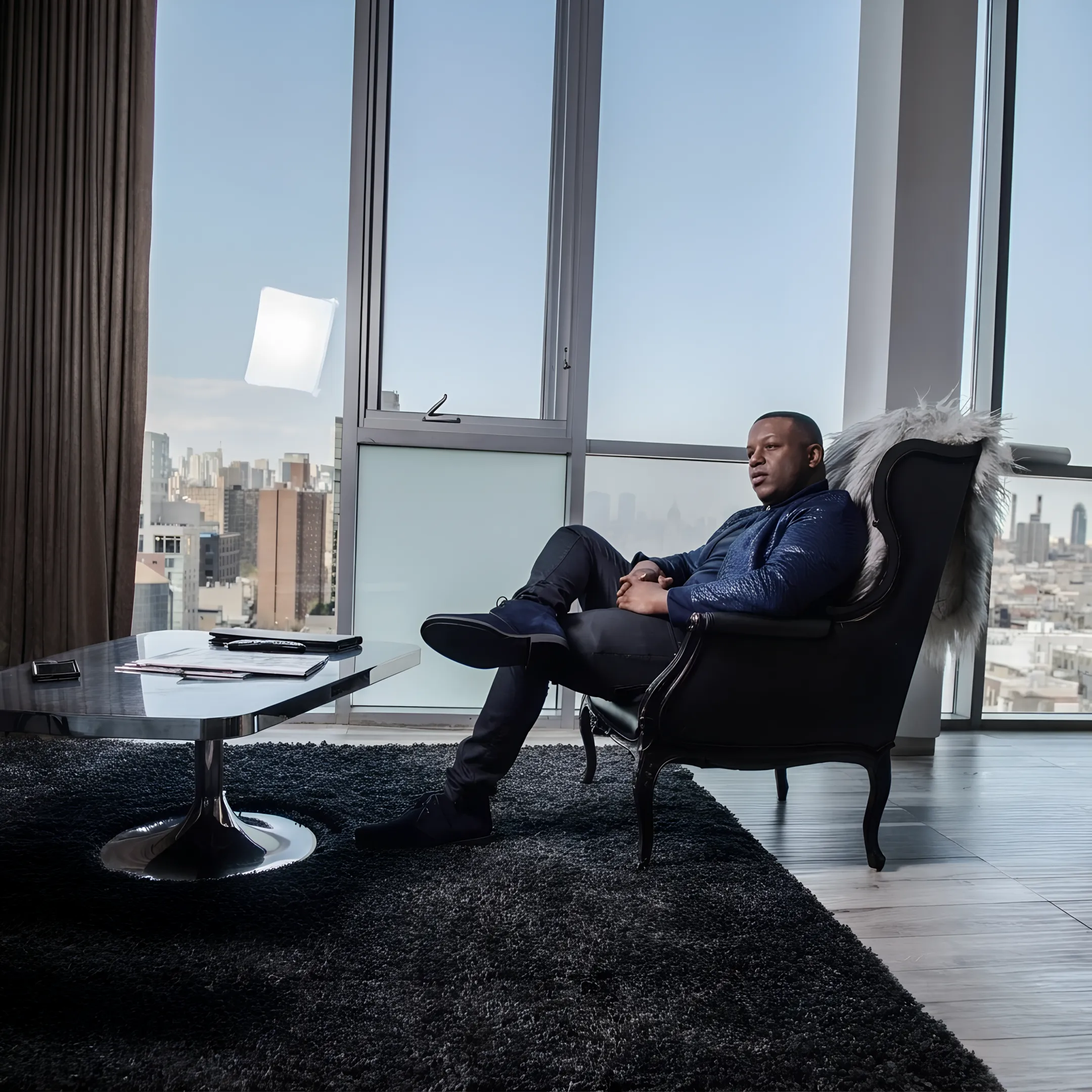 Music publicist planning an entertainment rollout campaign in an executive office setting