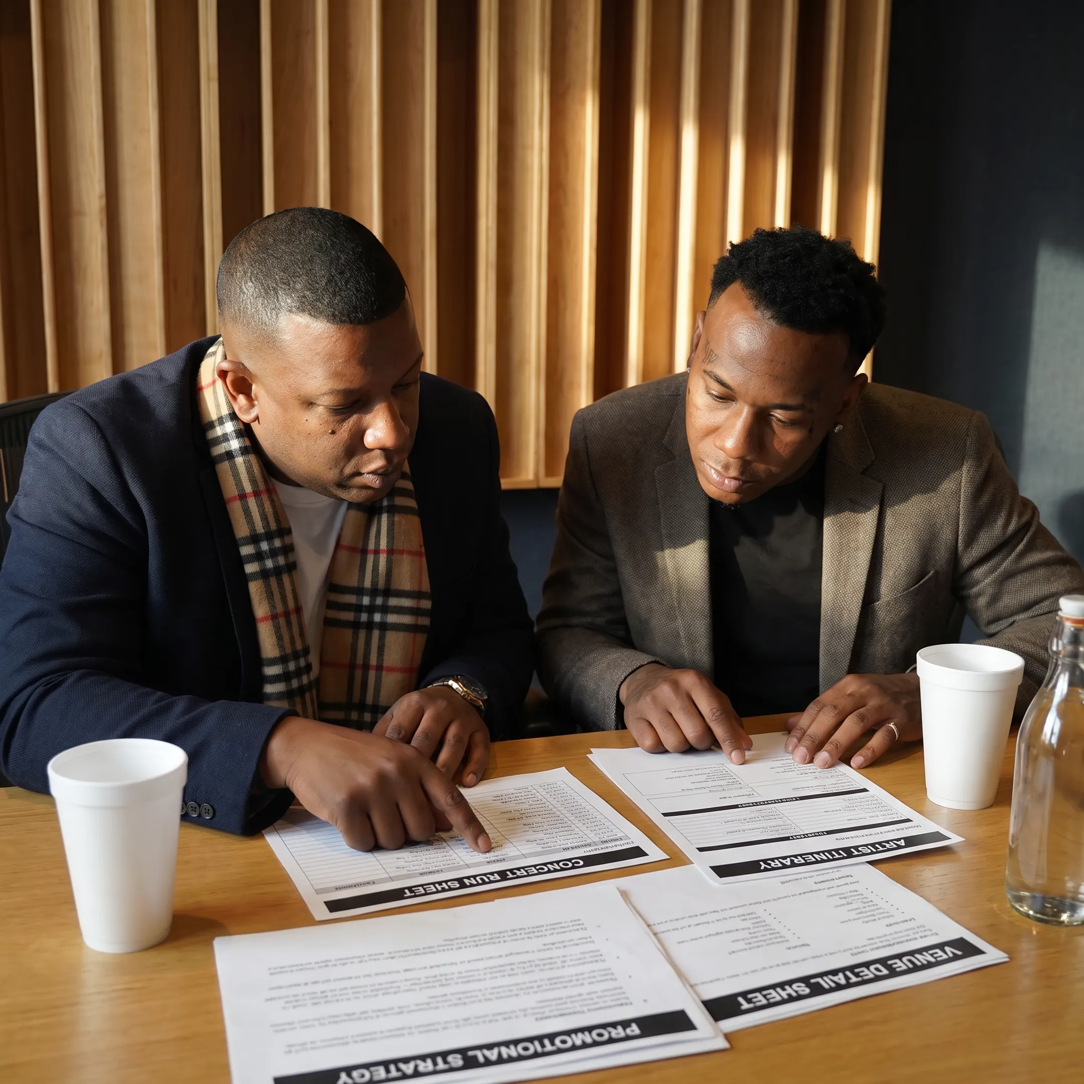 Event producer reviewing a concert plan with entertainment team