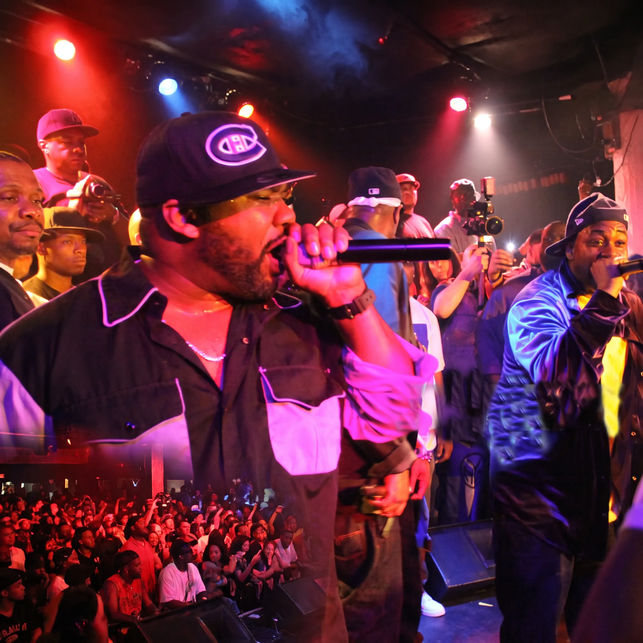 Event production team coordinating a vibrant Los Angeles concert with performers, lighting, and guests
