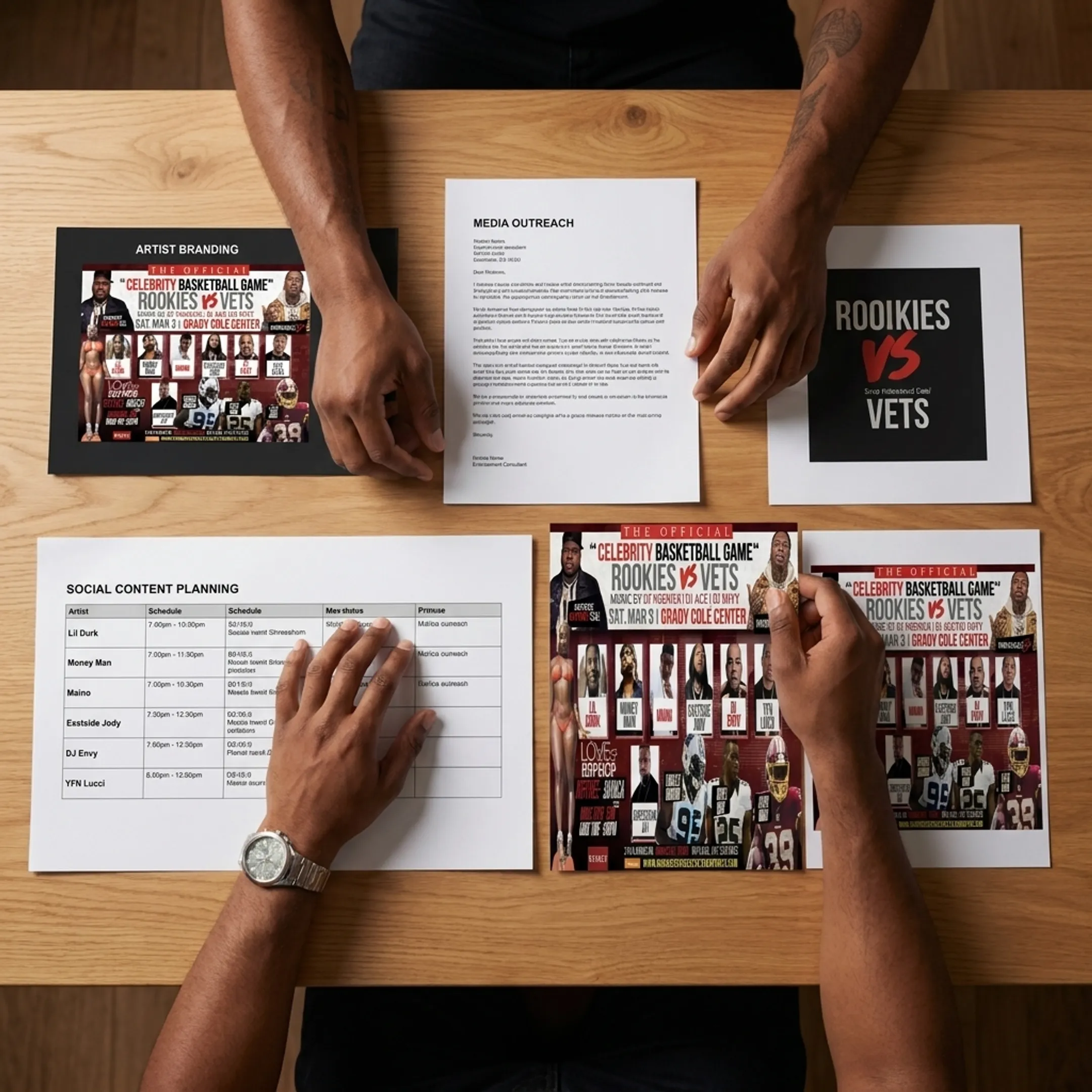 Music consultant planning an independent artist release campaign with promotional materials