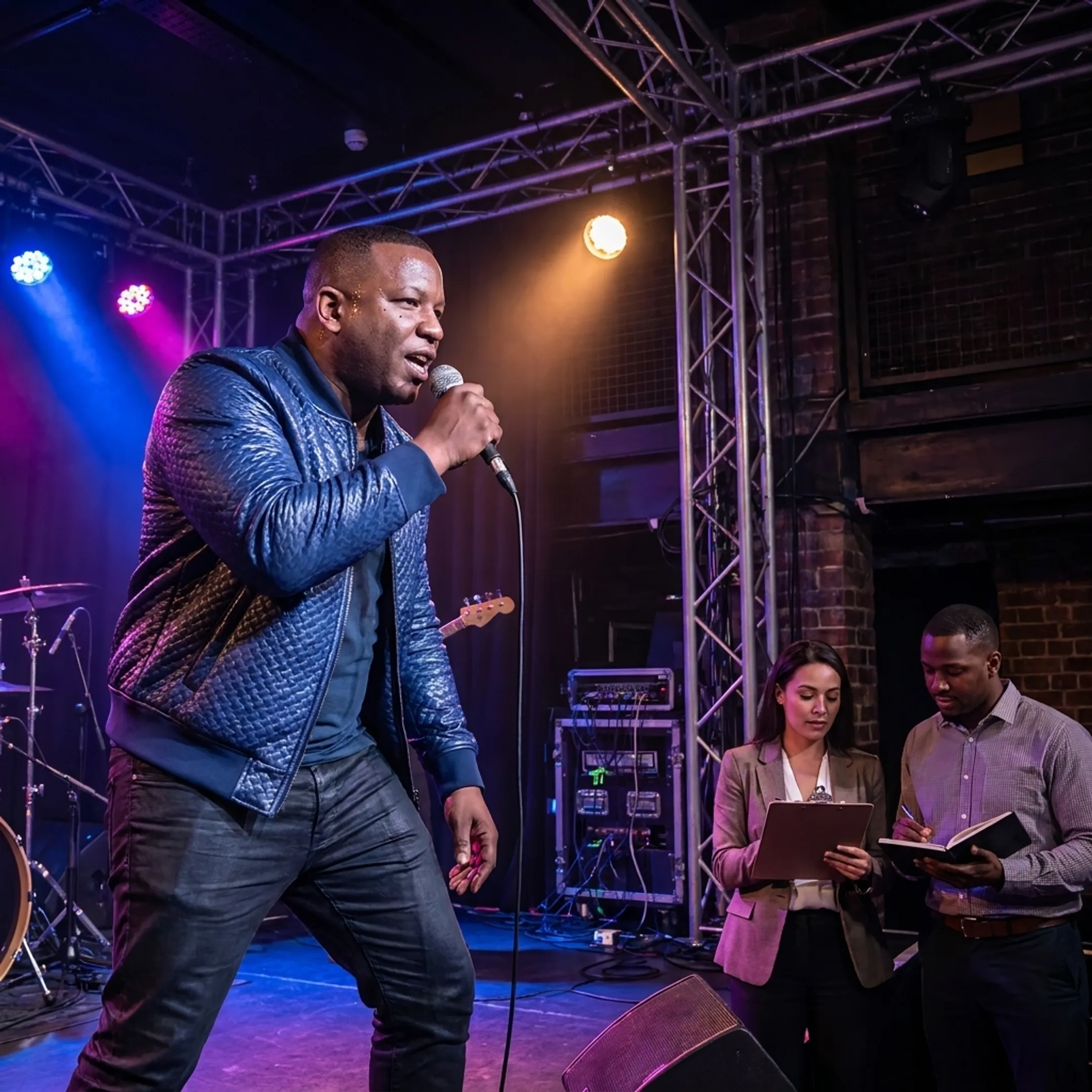 Artist performing on a London stage while industry professionals coordinate a live music booking