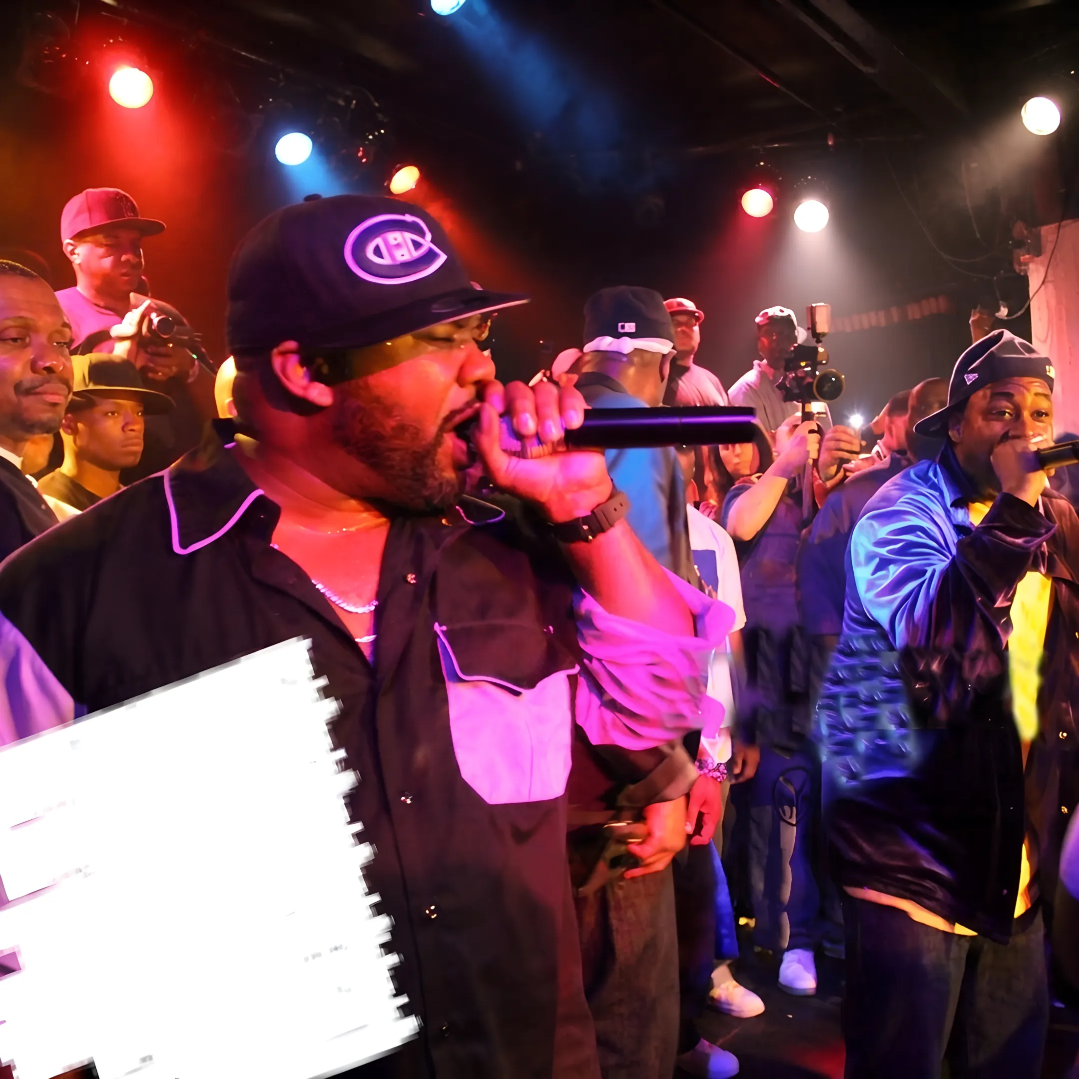 Hip hop artist performing onstage while a manager reviews promotional plans backstage