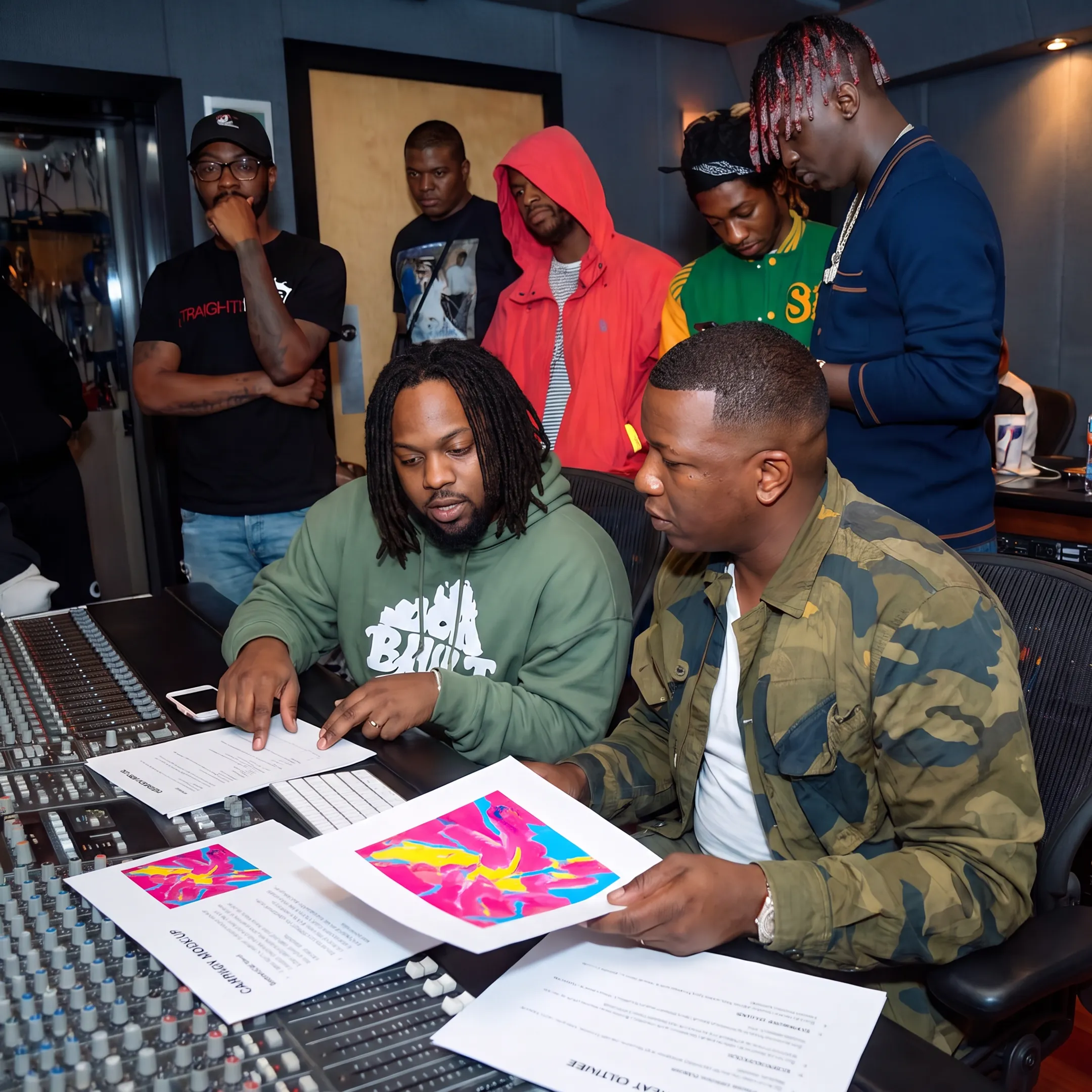 Independent artist planning a music promotion campaign with a strategist in an LA studio