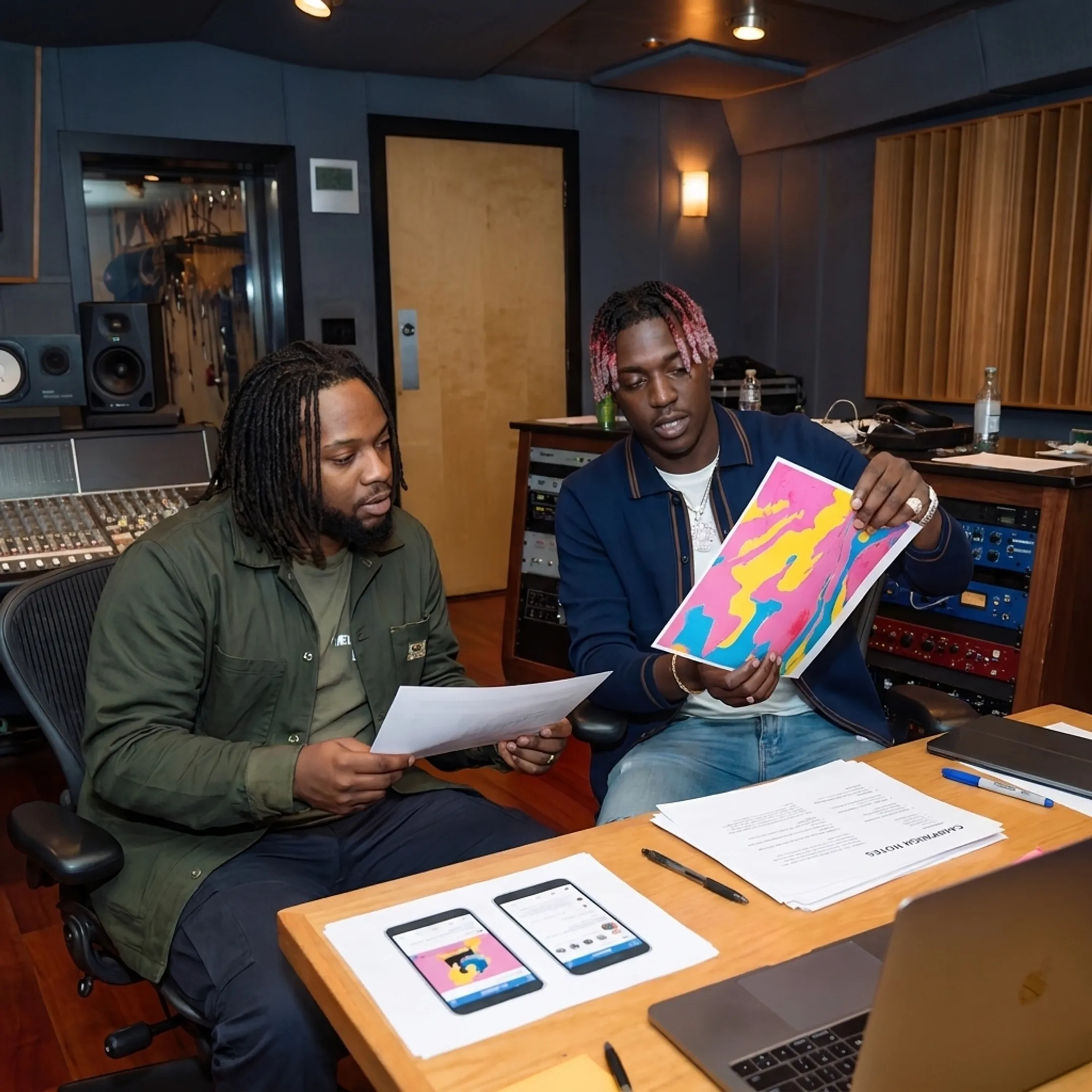 Artist promotion strategist reviewing release artwork and campaign plans with a musician
