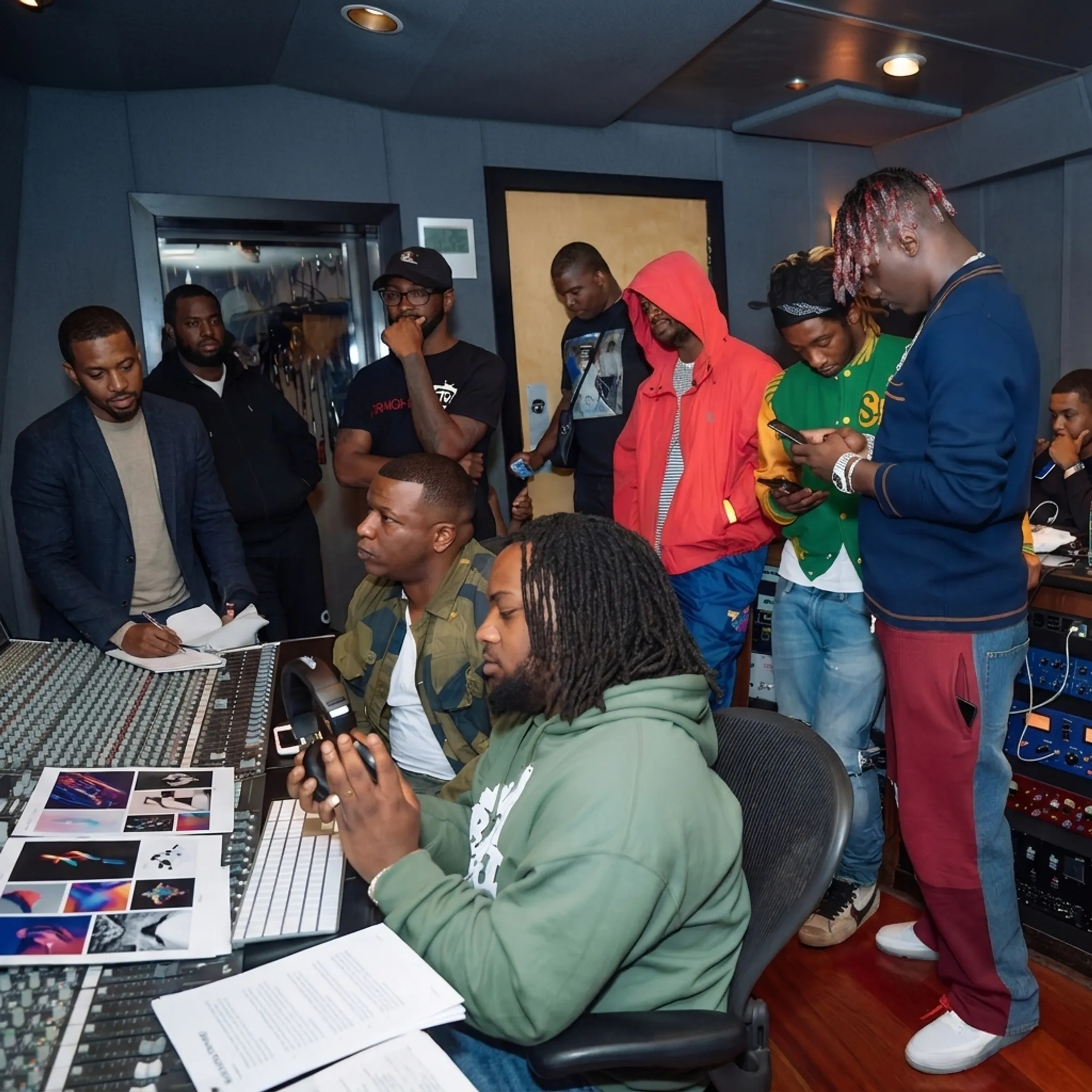 Music artist development team reviewing branding and release plans with an artist in a professional studio