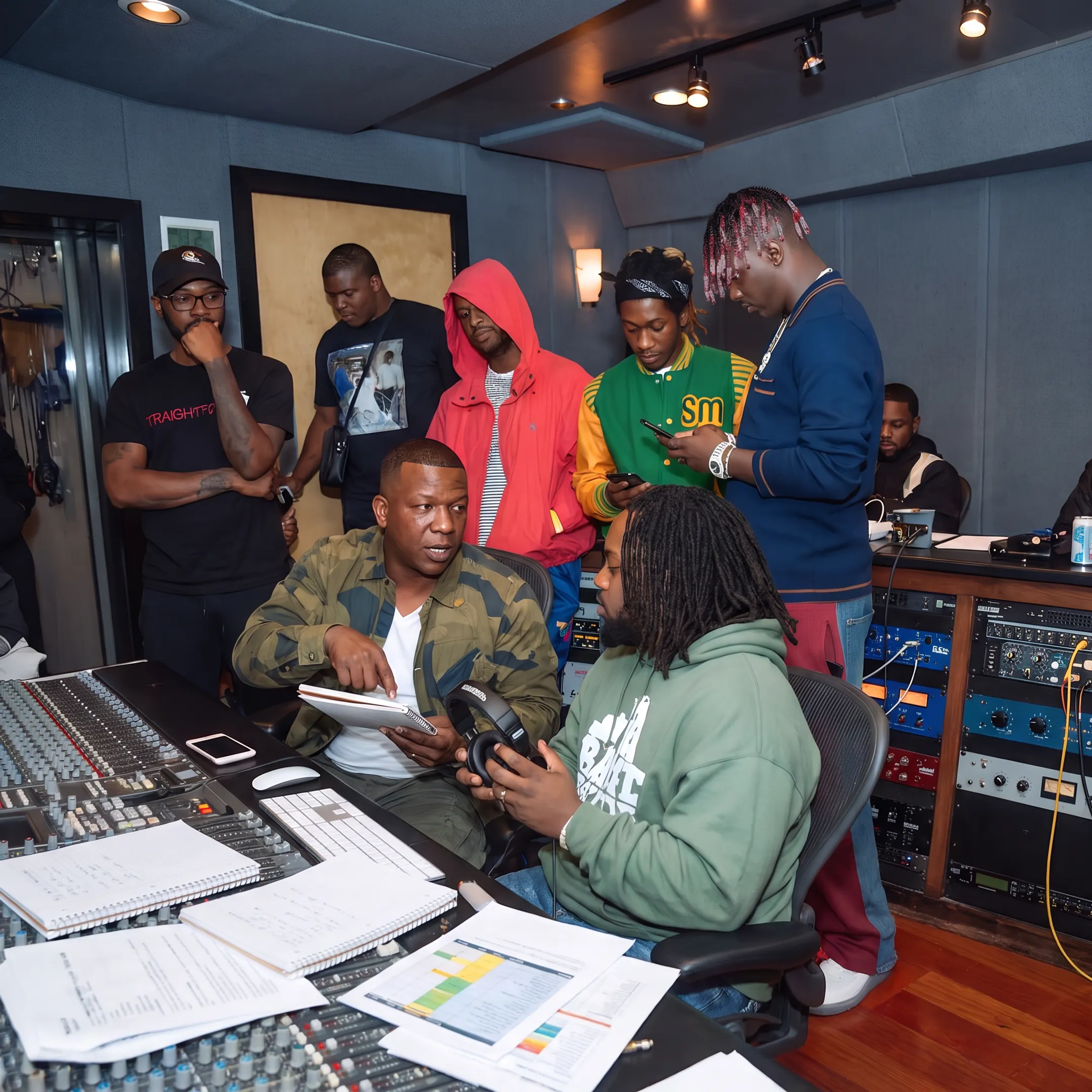Music manager reviewing an artist strategy with performers in a California recording studio