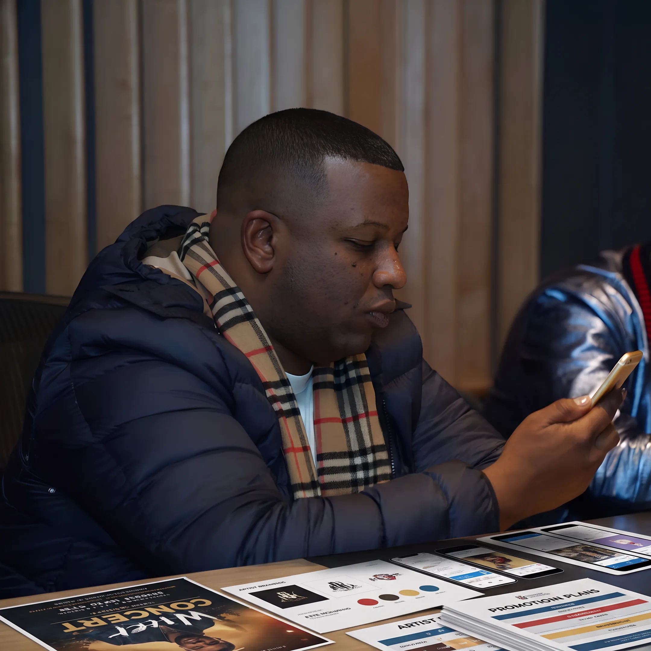 Music marketing team planning a live concert promotion campaign with artist branding and event materials