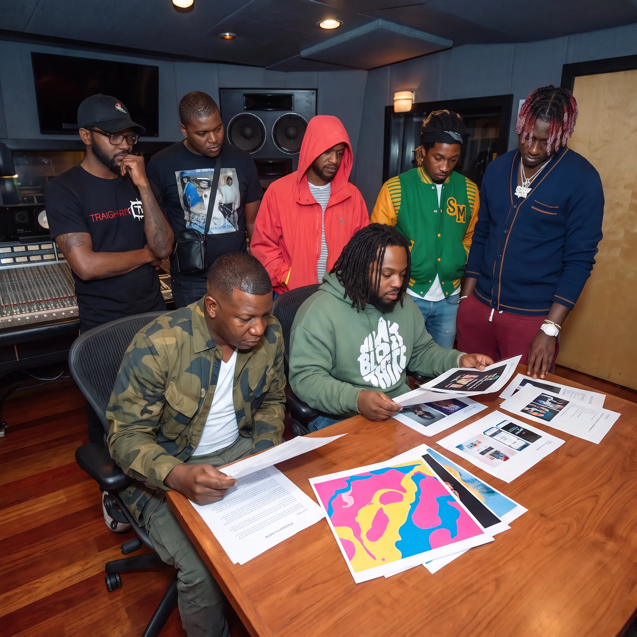 Music marketing team planning an album rollout around promotional artwork and release materials