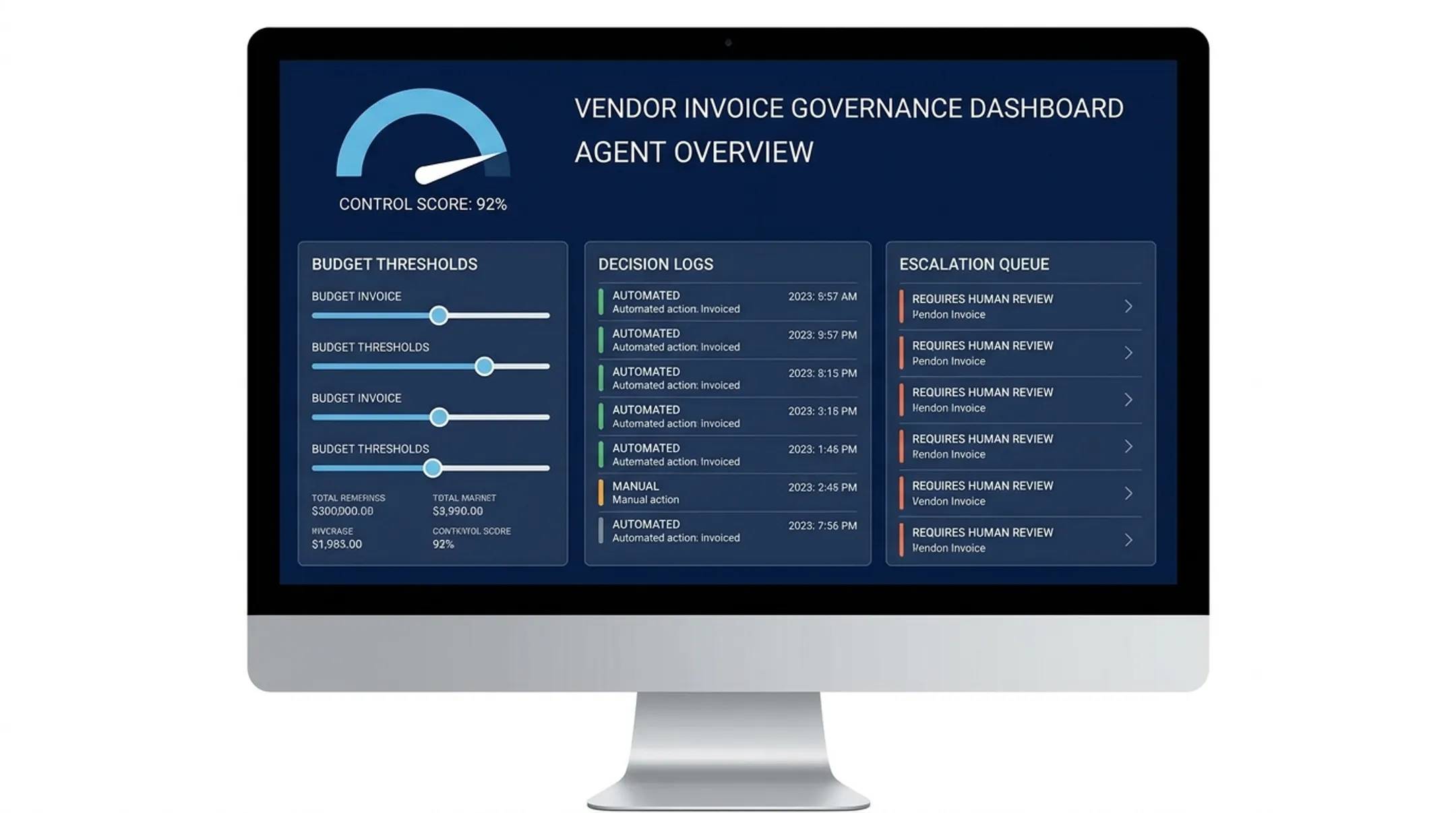 Vendor invoice approval agent workflow dashboard with approval thresholds