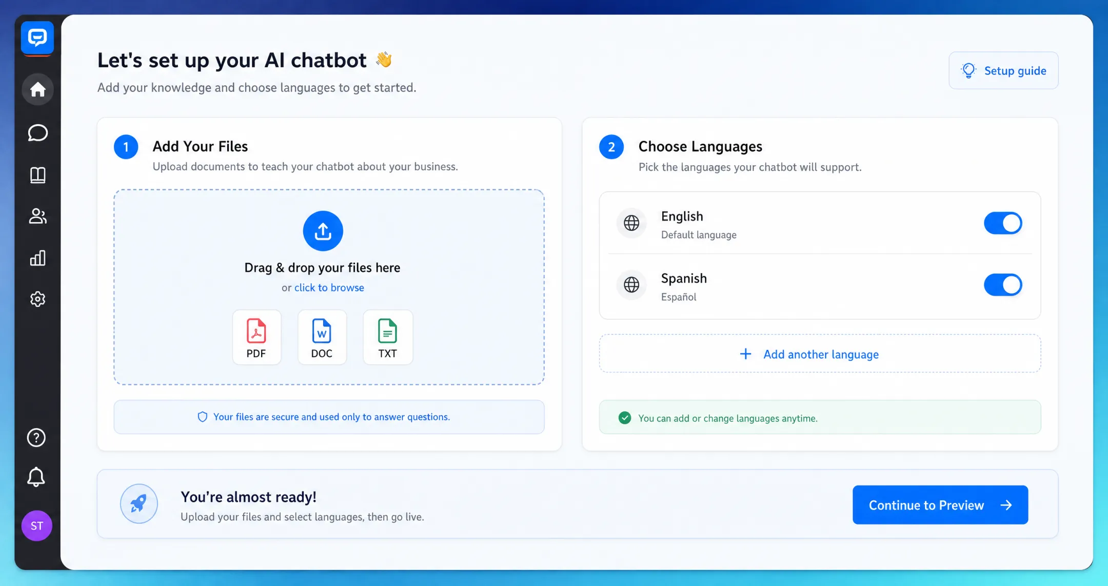 No-code chatbot builder interface with document upload and language settings