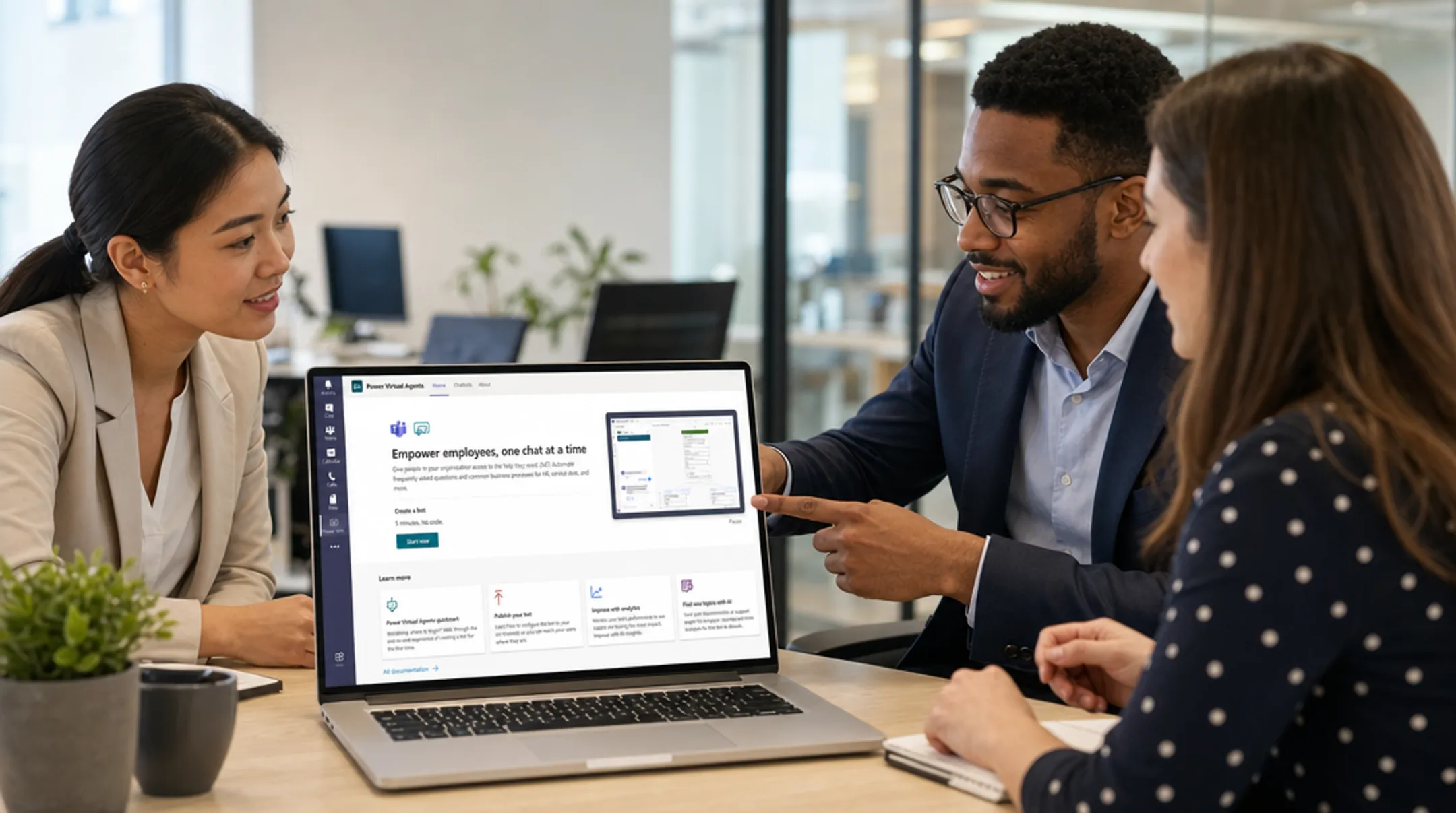 Enterprise team collaborating using Microsoft Teams chatbot integration on laptop