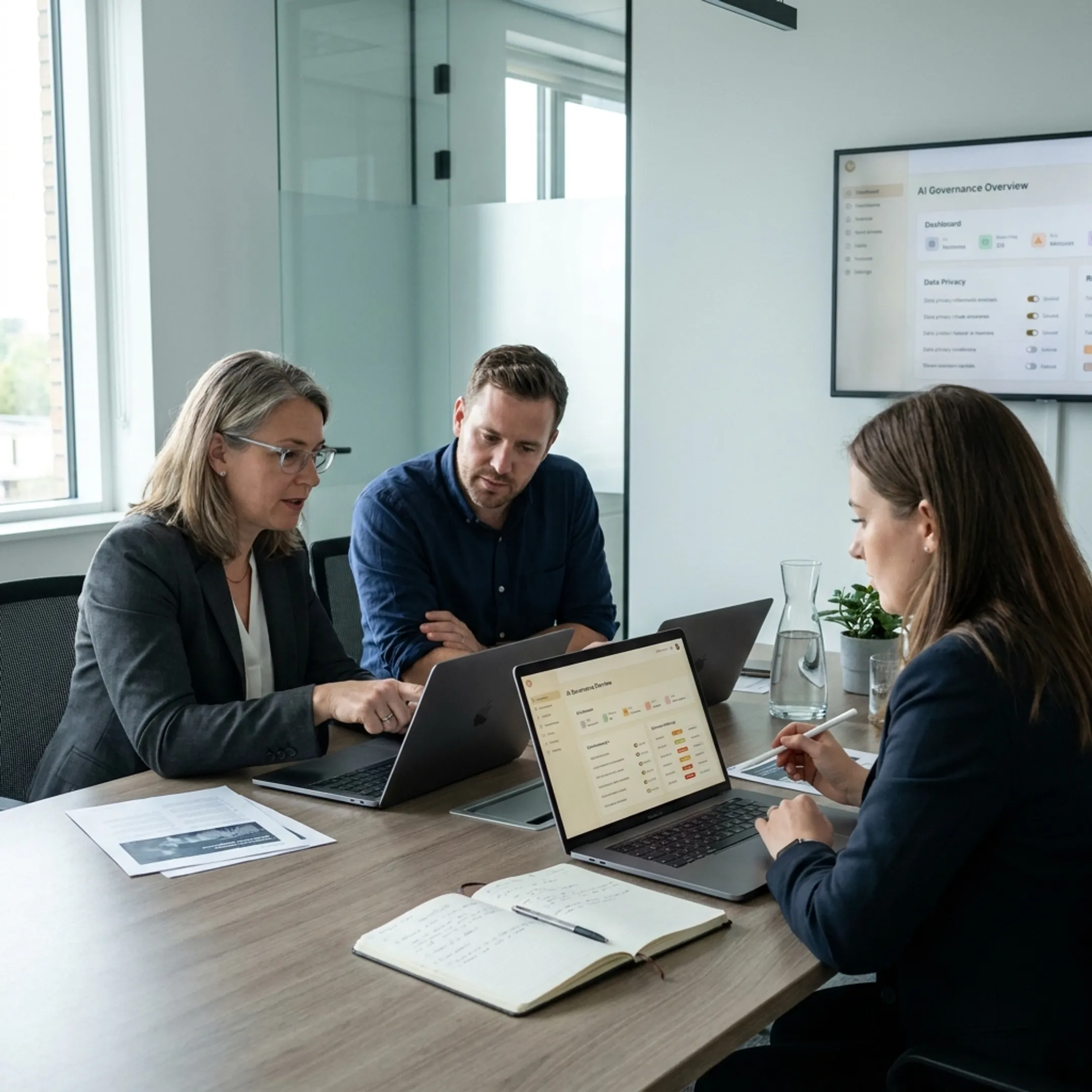 Consultants reviewing AI security risks on a dashboard