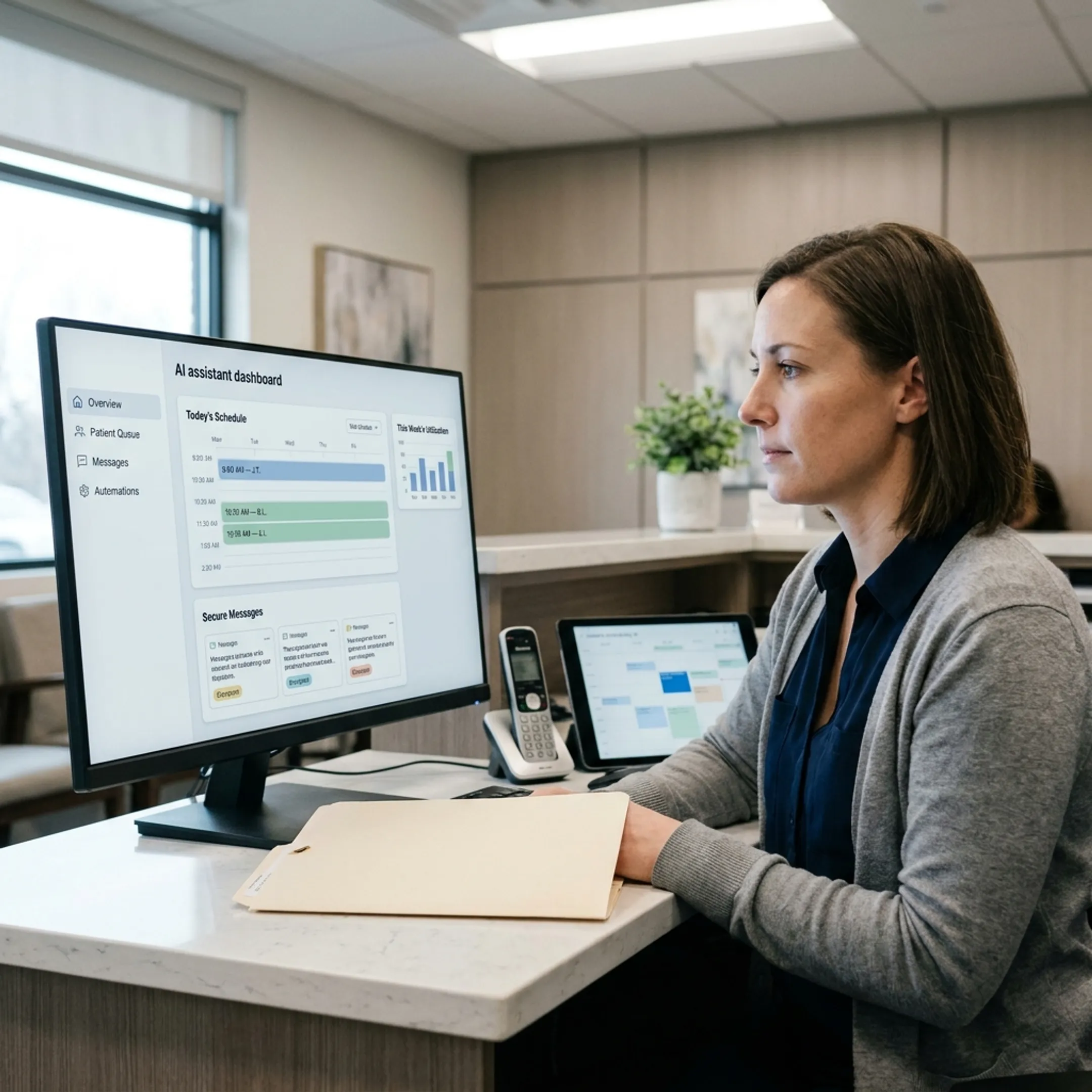 Healthcare professional reviewing an AI receptionist dashboard