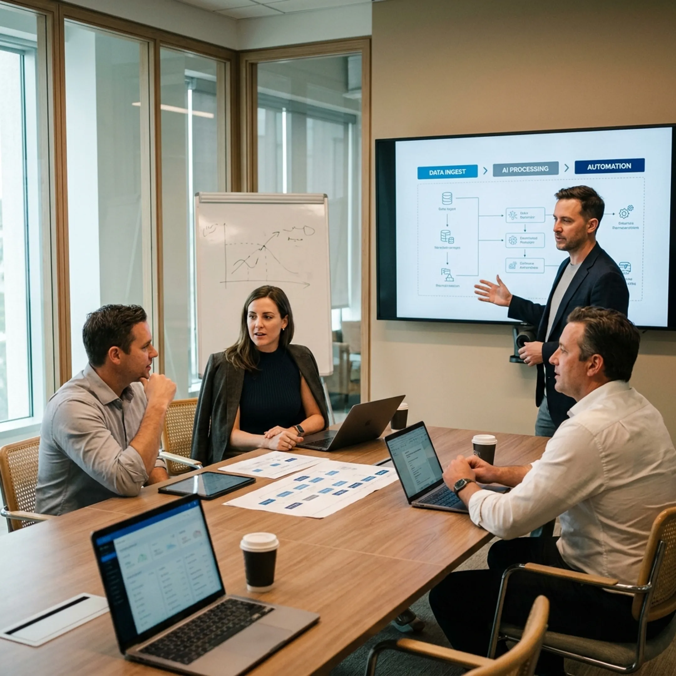 Consultants reviewing an intelligent automation workflow