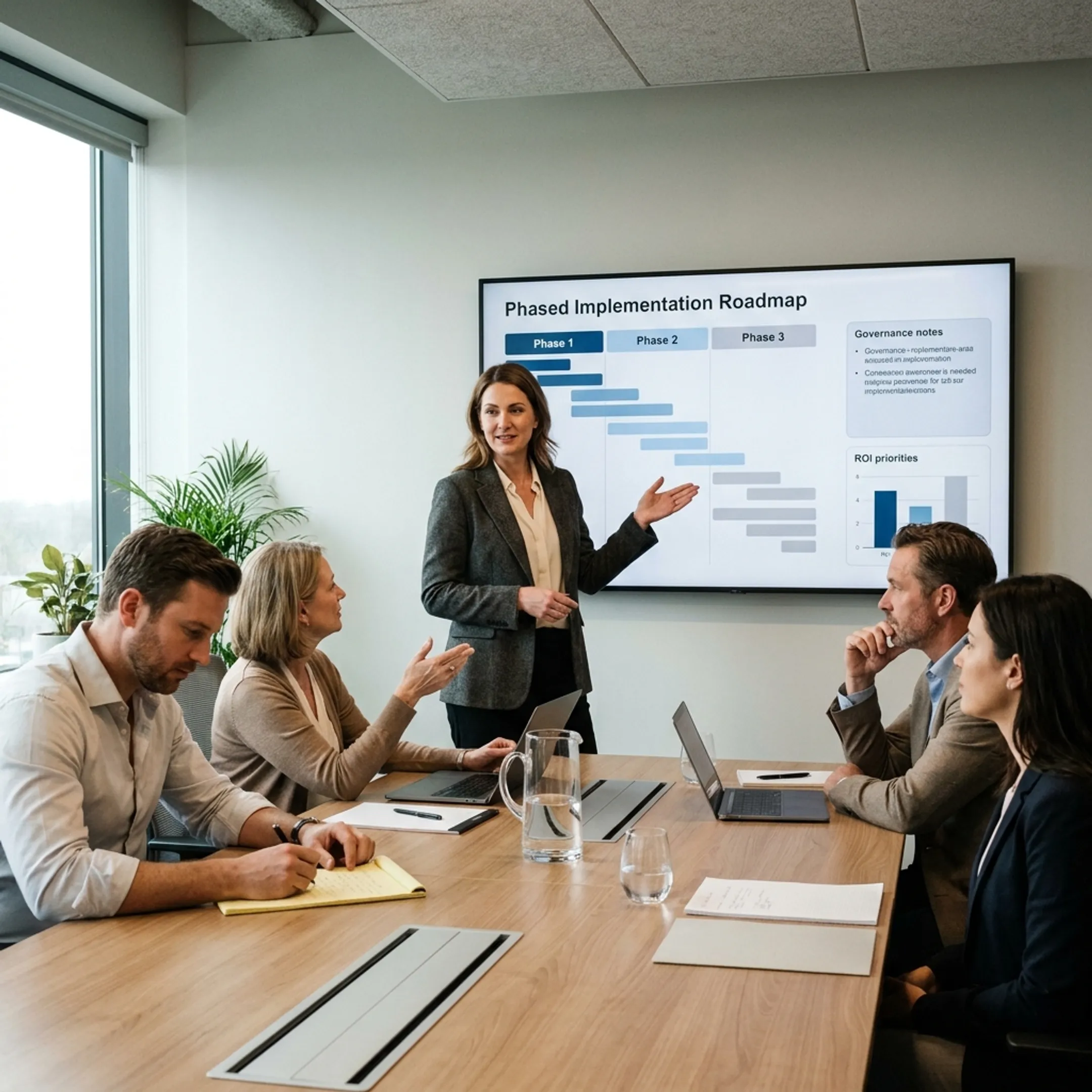 Advisor guiding leaders through an AI implementation plan