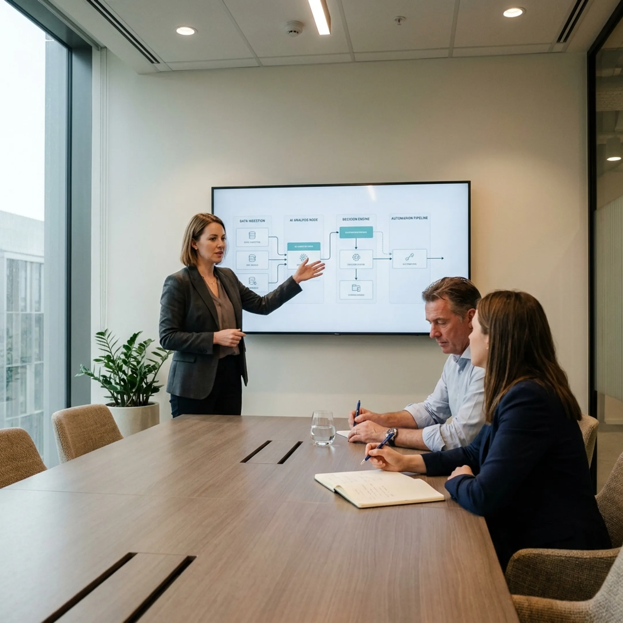 Business team reviewing an applied AI workflow
