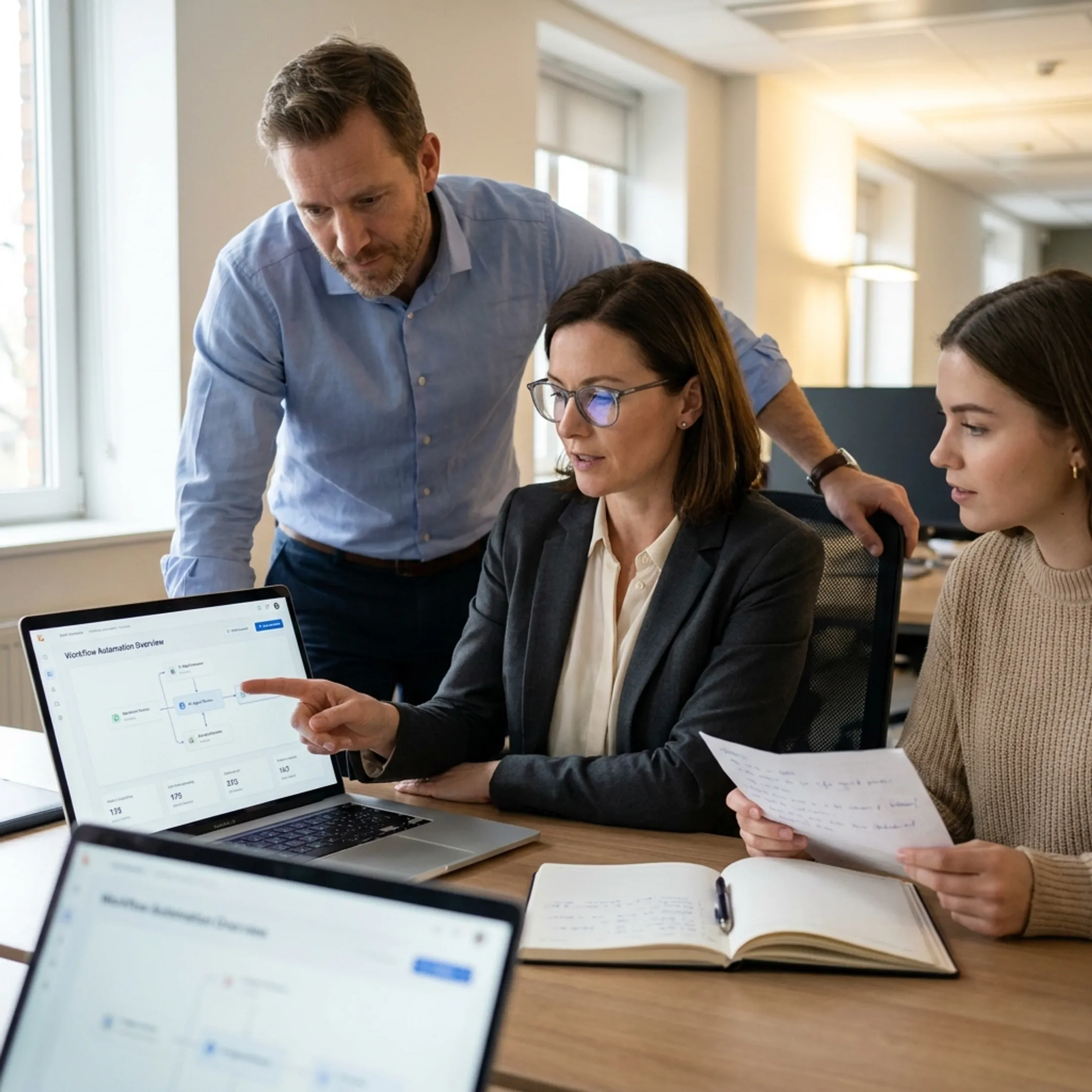 Team reviewing an AI workflow automation dashboard