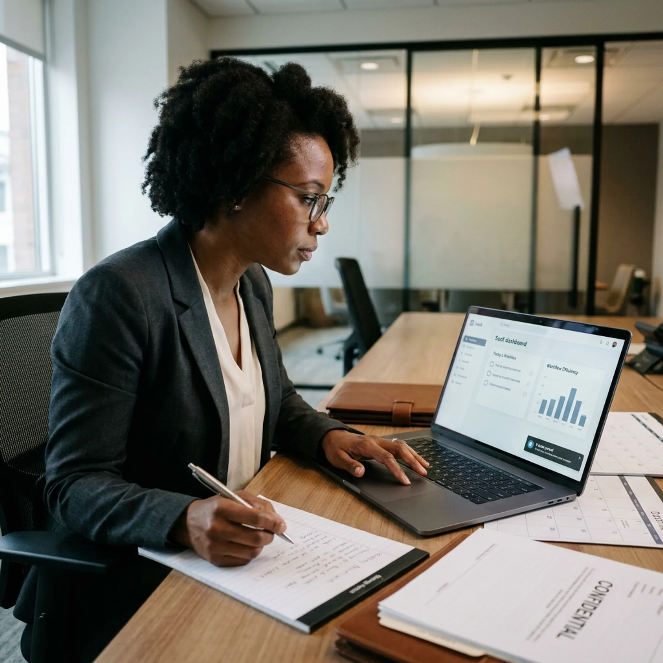 Executive assistant learning AI tools at a laptop