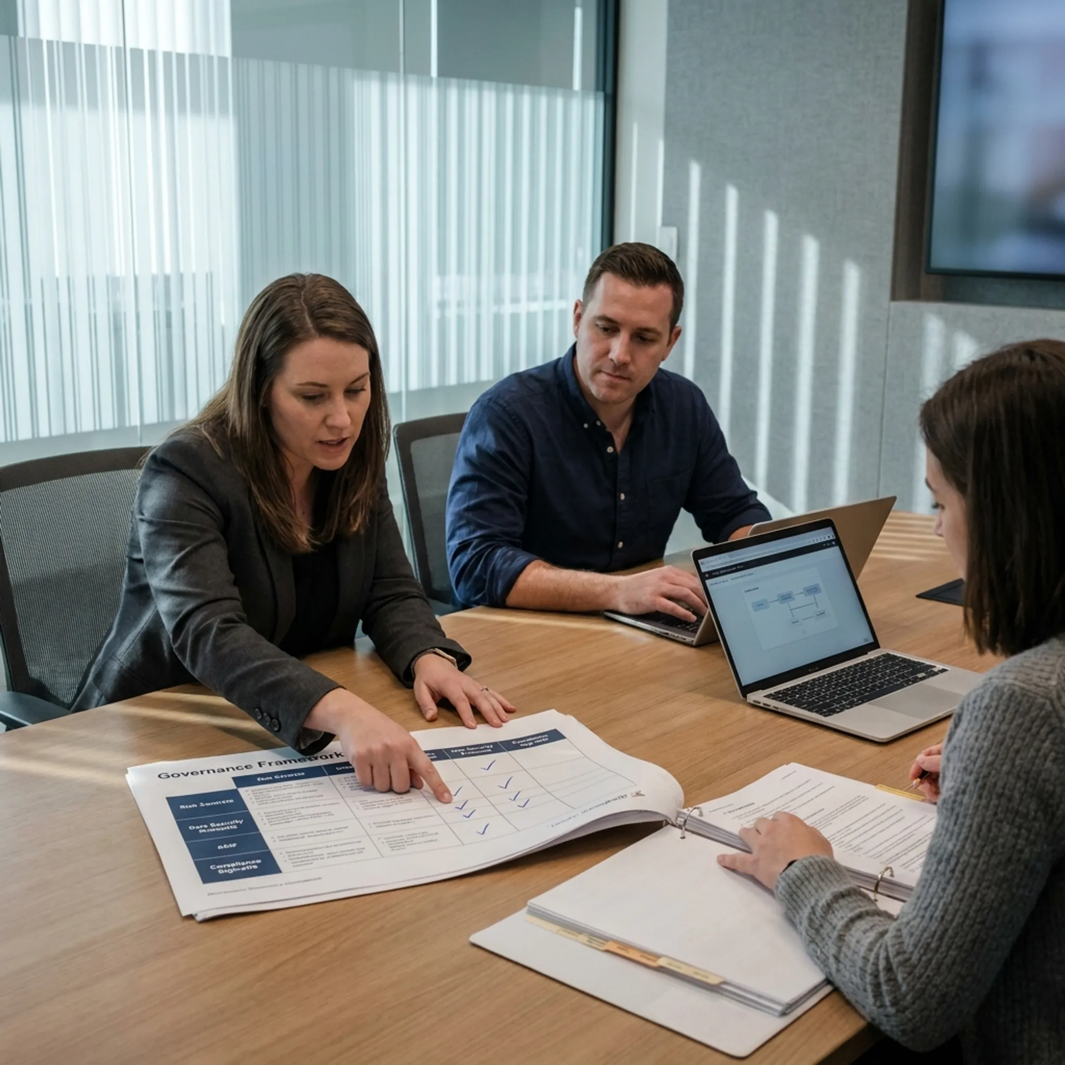 Consultants mapping AI governance controls with leadership team