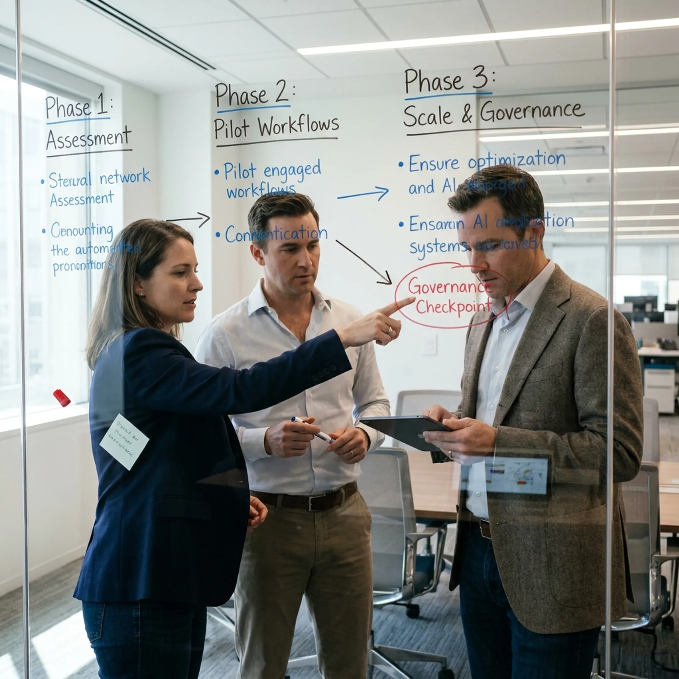 Executives mapping a structured AI implementation plan