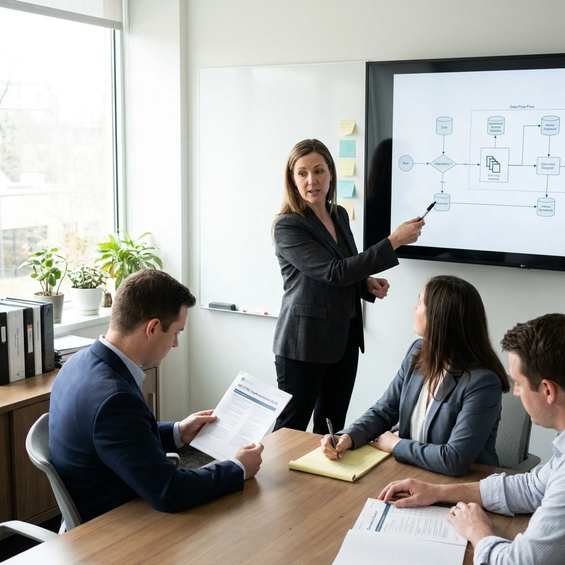Consultant reviewing privacy compliance documents with a leadership team