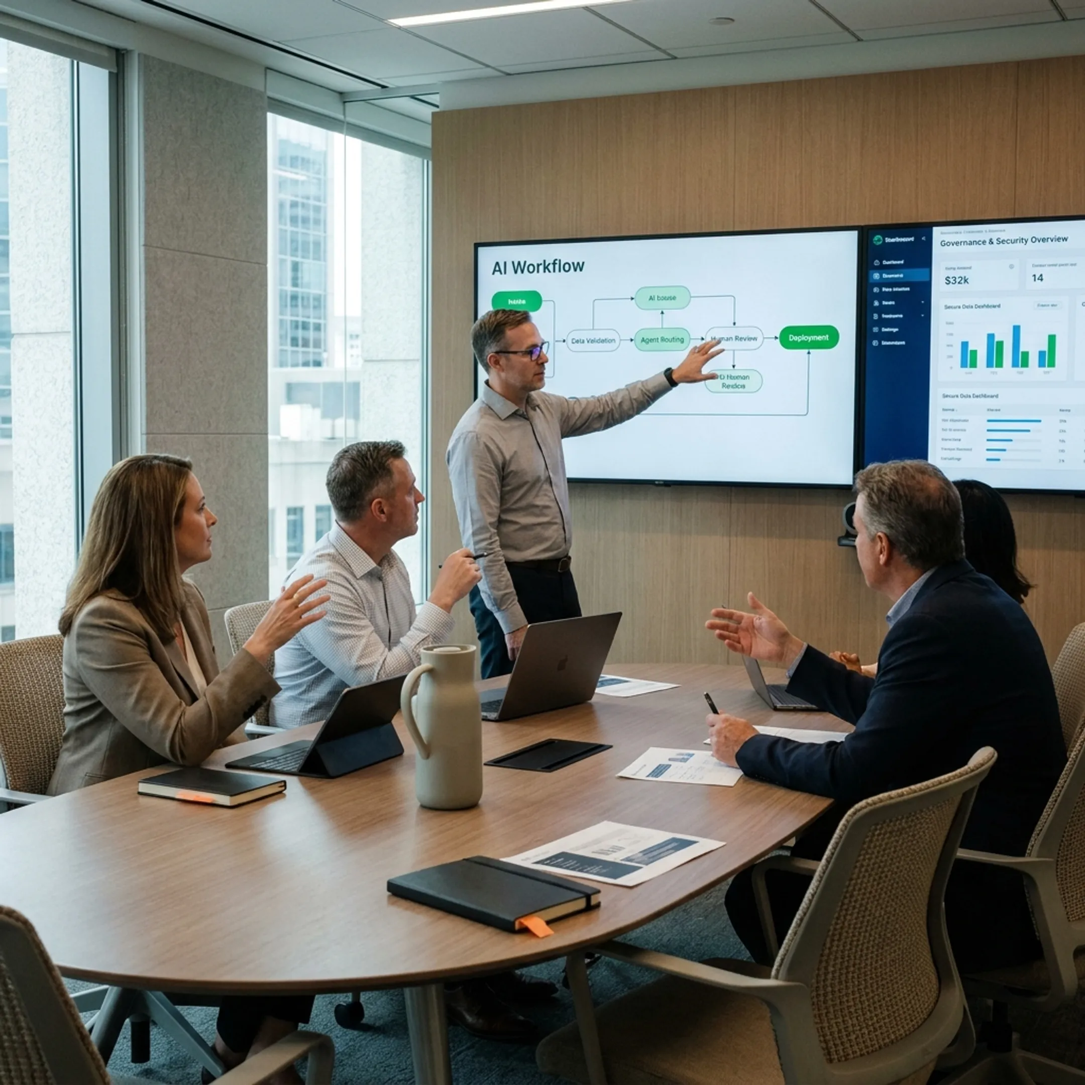 Business team reviewing adaptive AI workflows