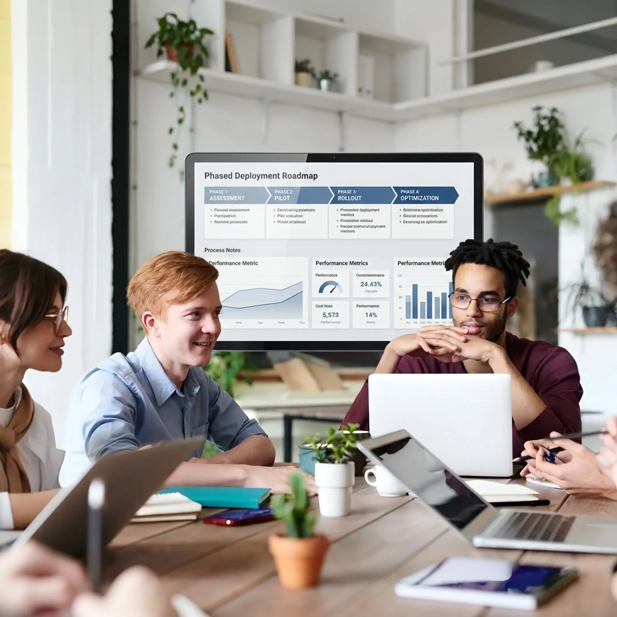 Team reviewing an AI deployment roadmap