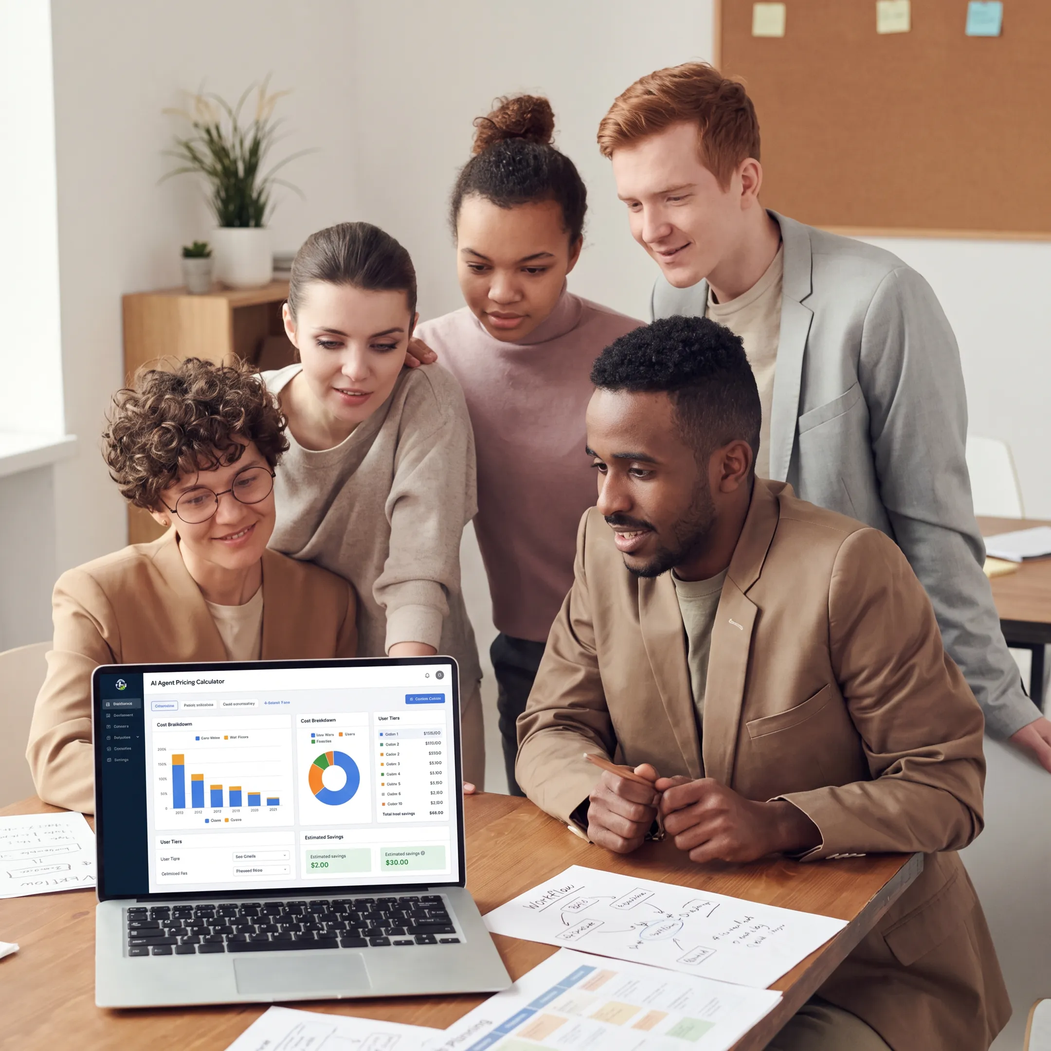 Business team reviewing AI agent cost estimates