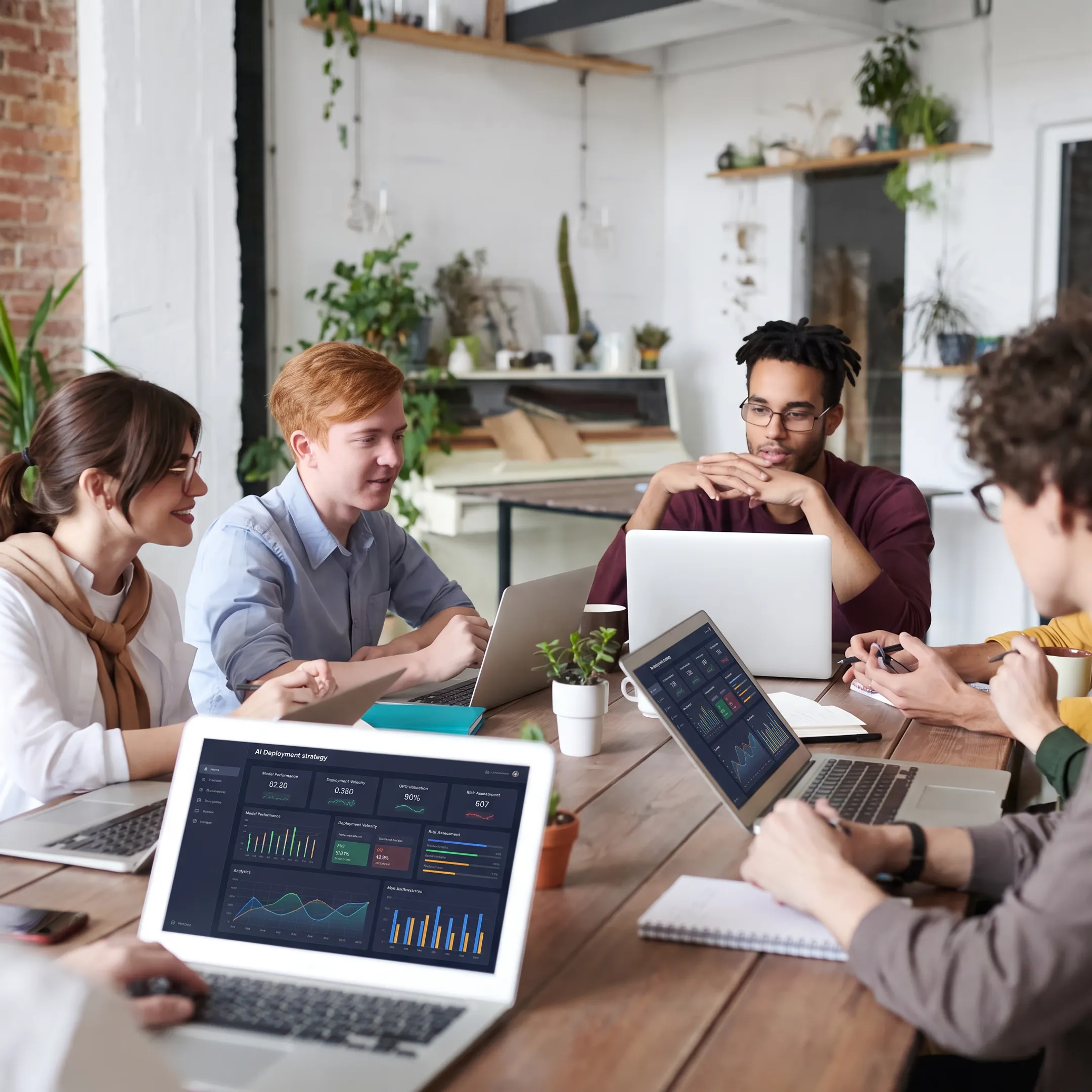 Consultants reviewing analytics dashboards and AI strategy