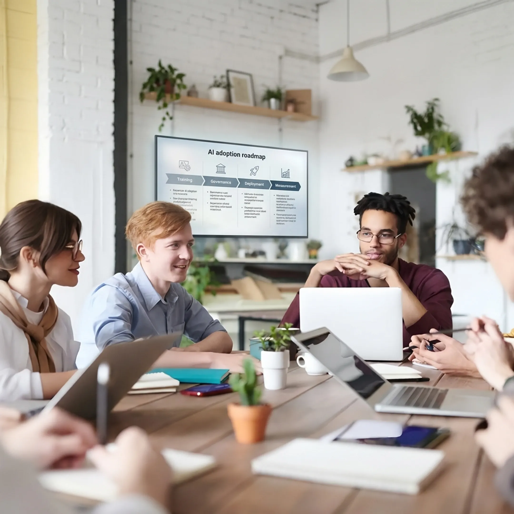 Leaders reviewing an AI adoption roadmap