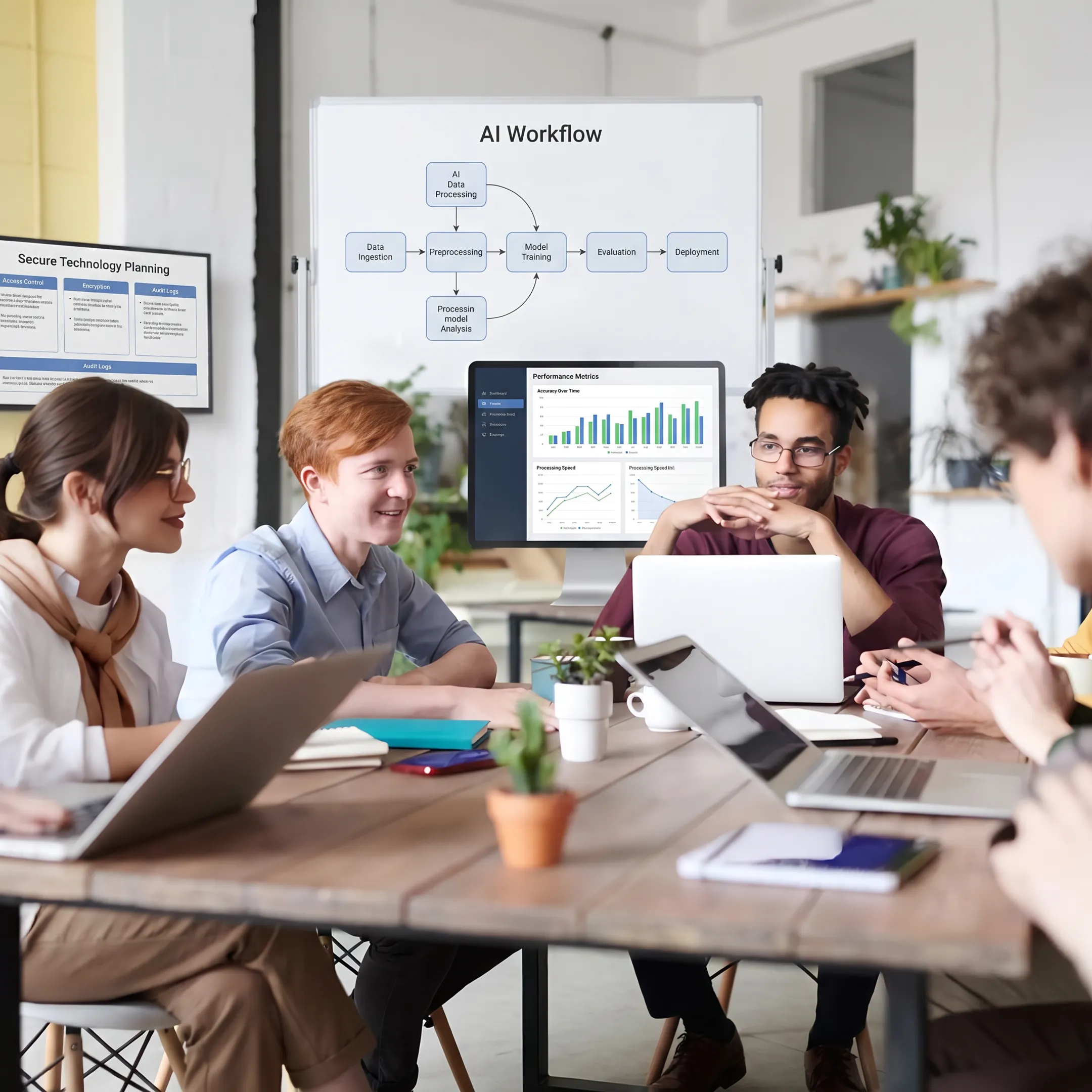 Business leaders reviewing an AI strategy dashboard