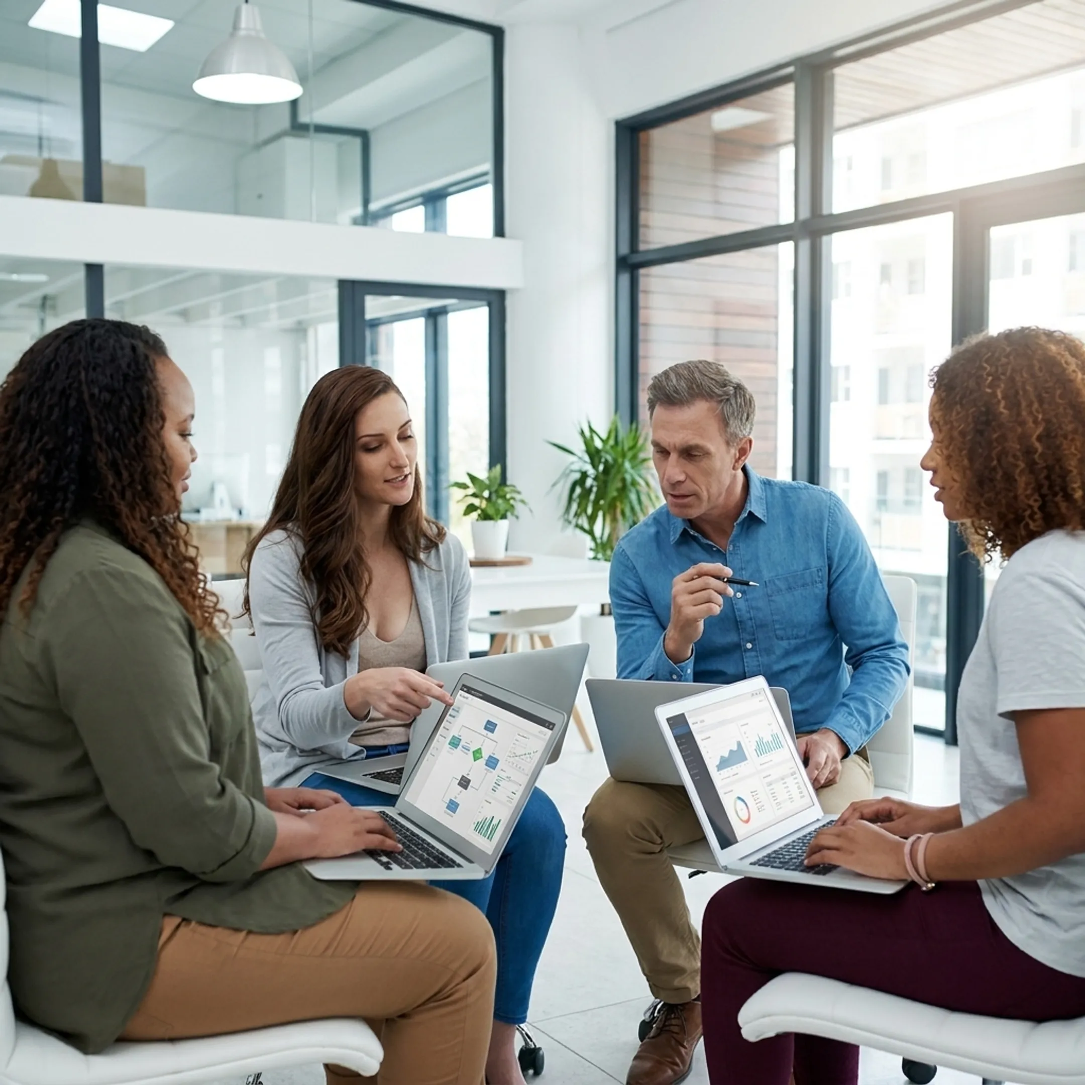 Business leaders collaborating during an AI coaching session