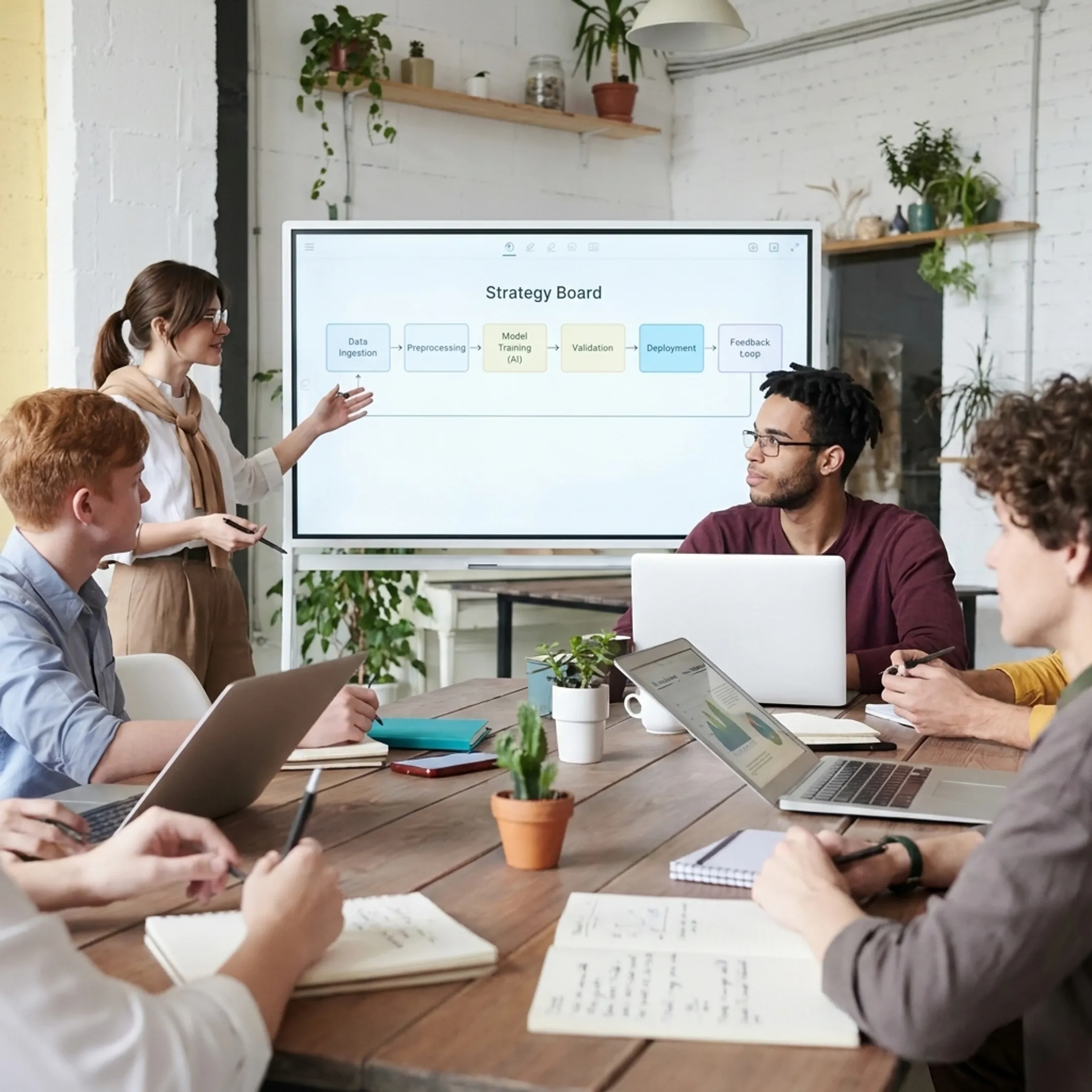 Facilitator guiding executives through an AI workflow exercise