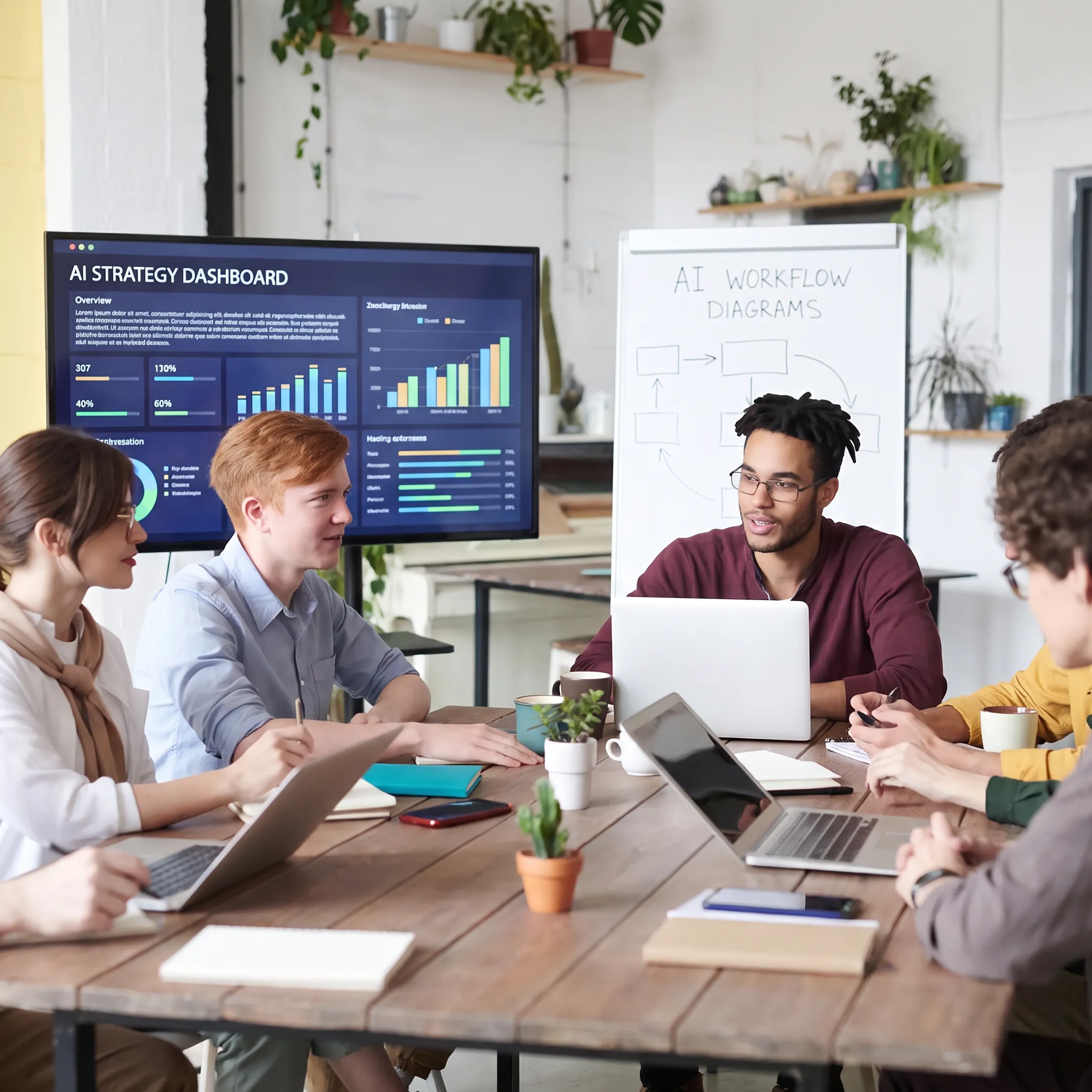 Executive reviewing an AI strategy dashboard with a leadership team