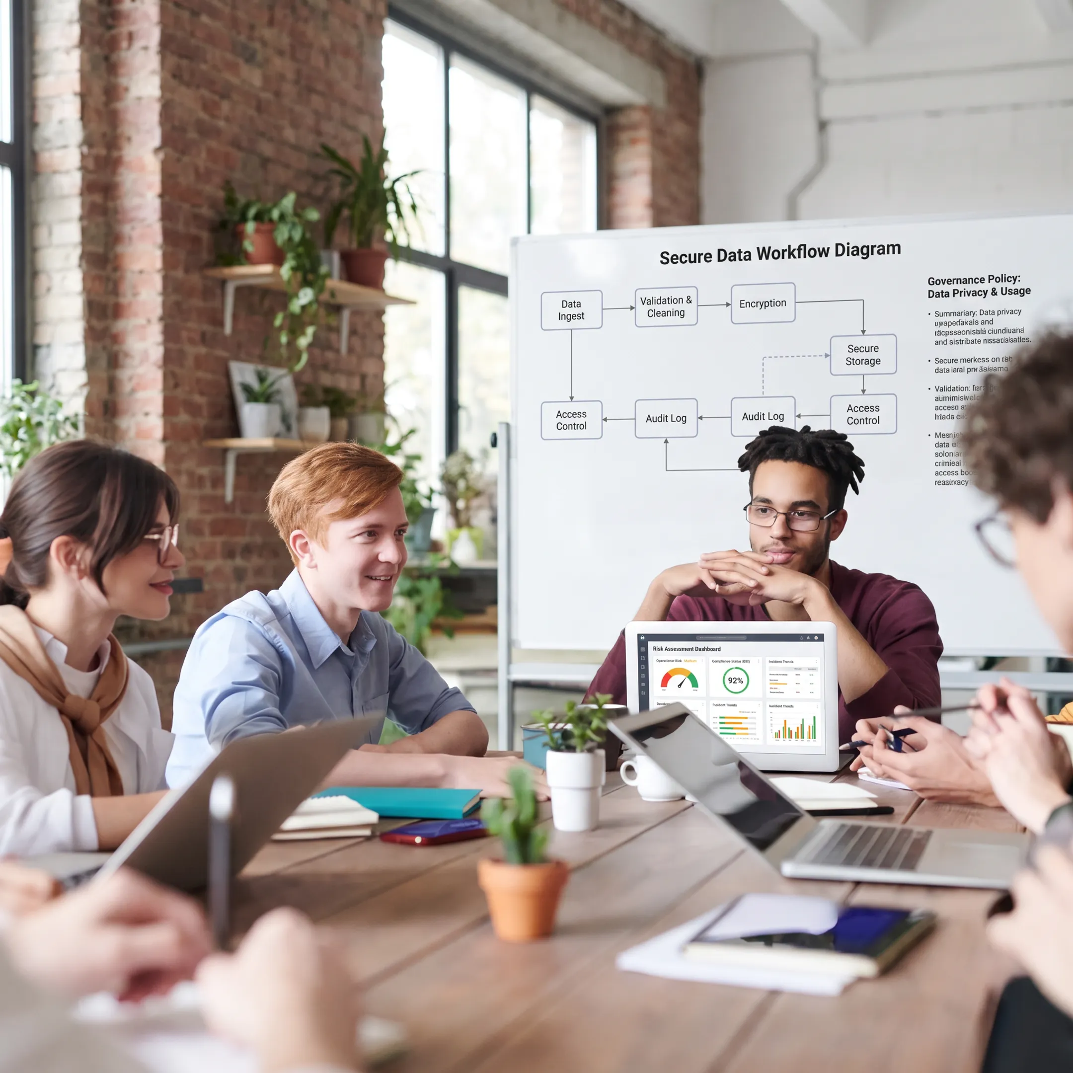 Business leaders reviewing responsible AI governance plan