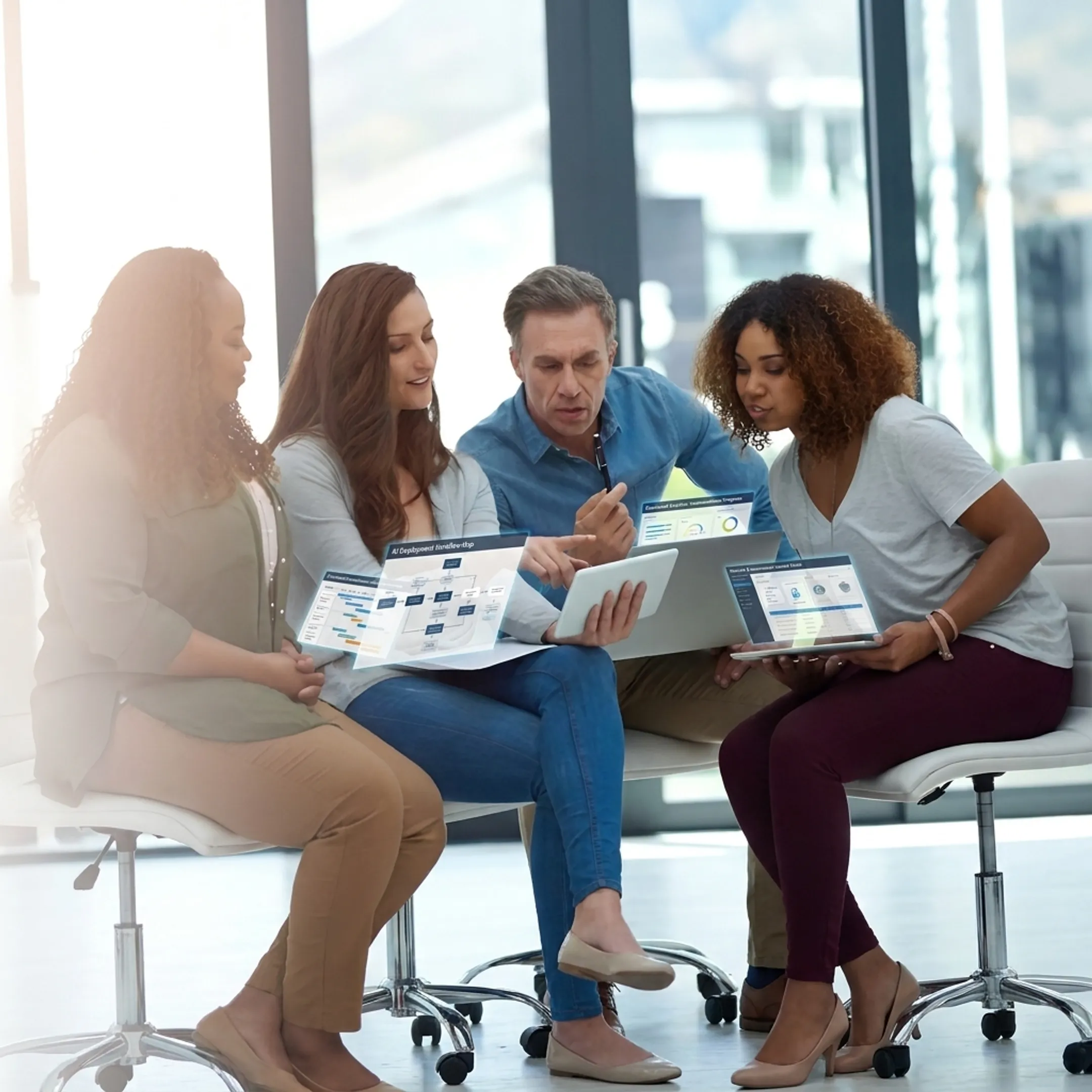 Consultant mapping an AI workflow with business leaders