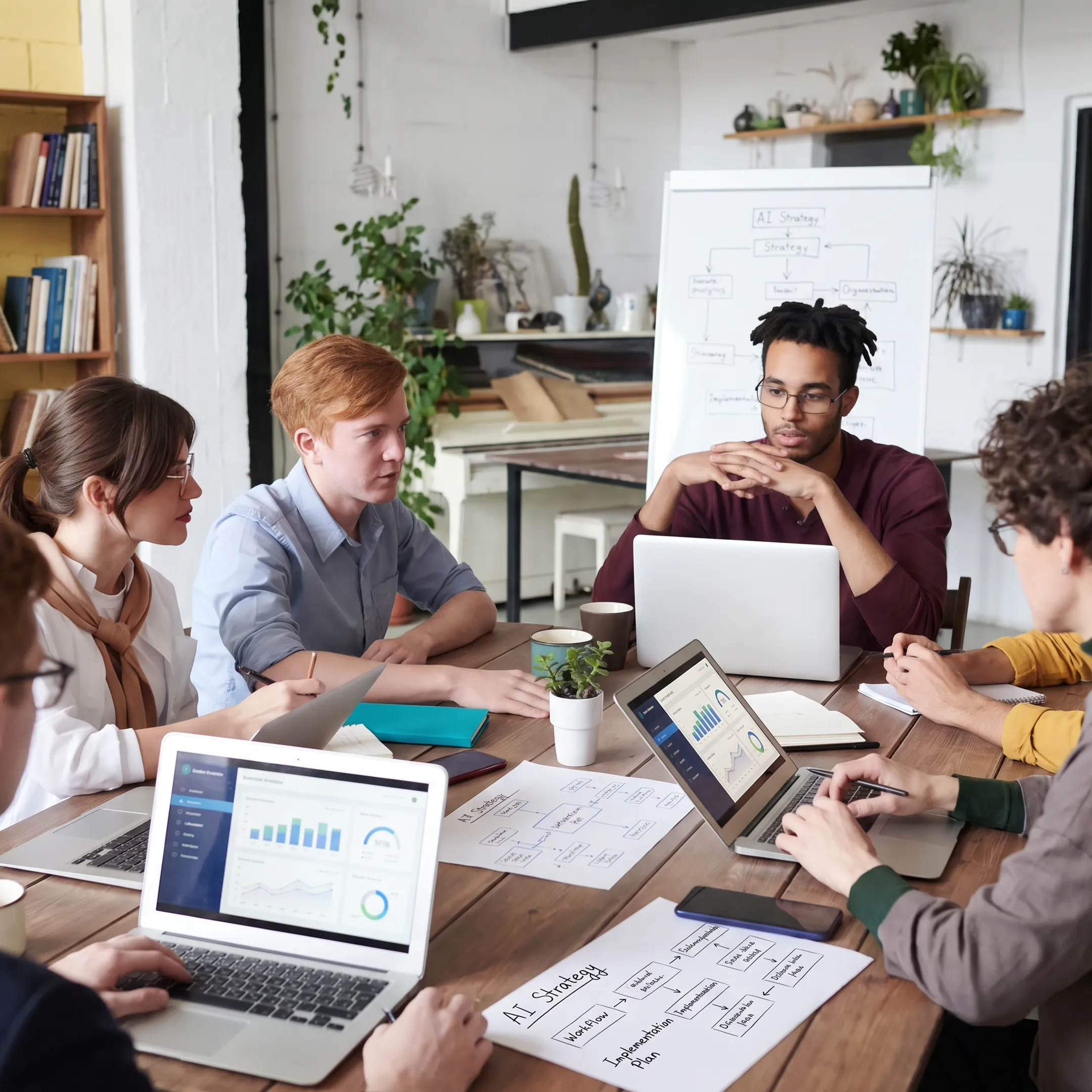 Business leaders reviewing an AI implementation strategy