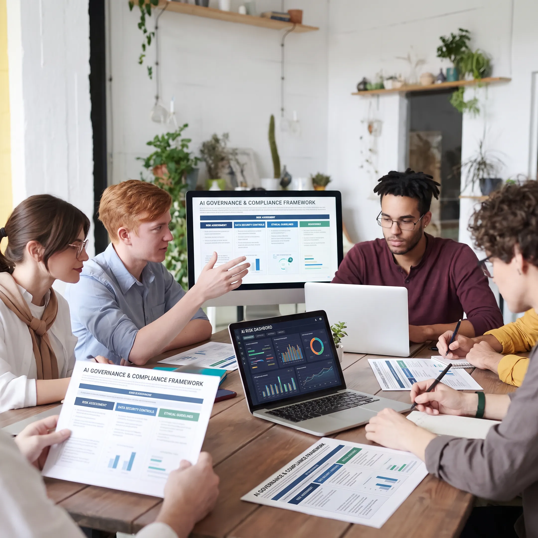 Business leaders reviewing AI governance and compliance controls