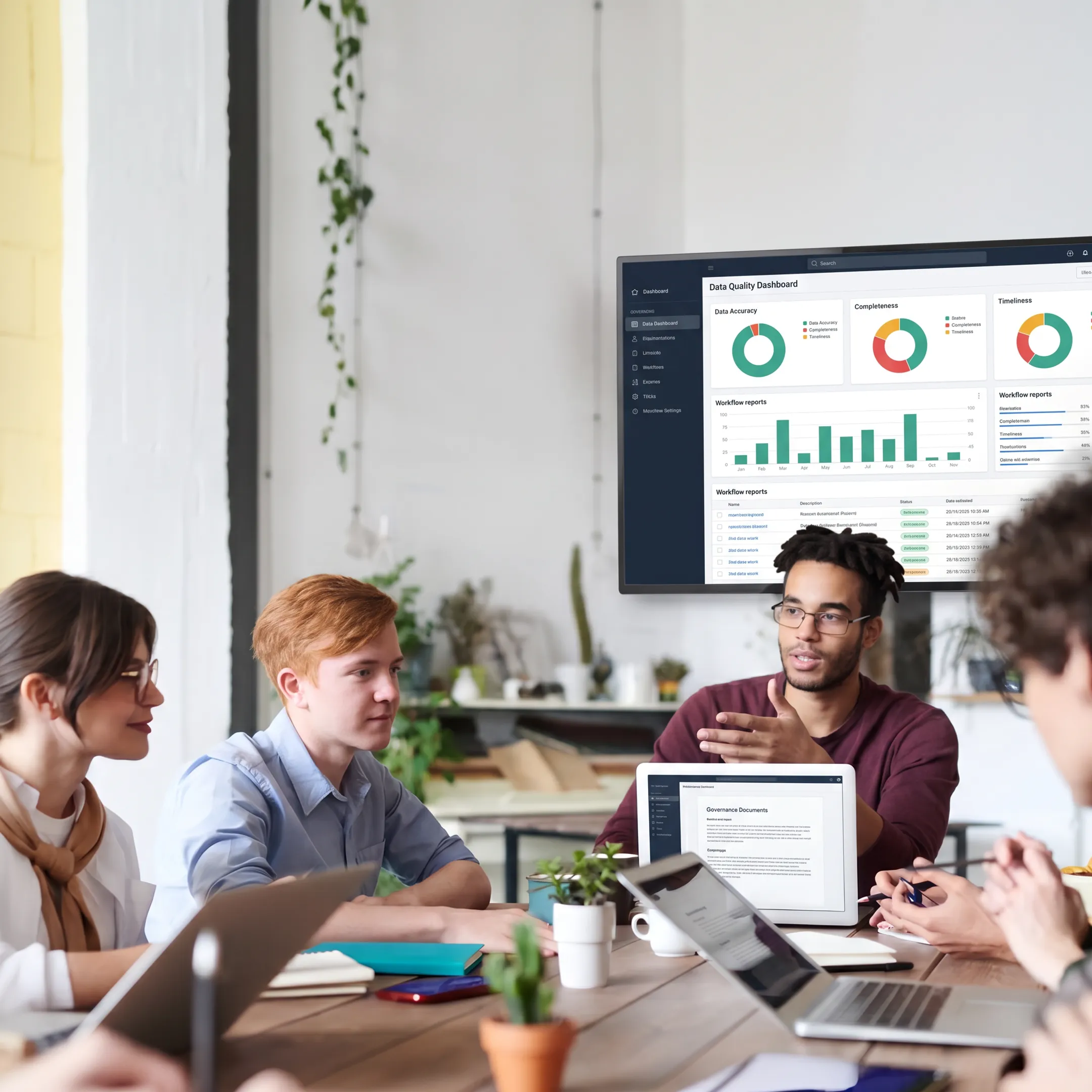 Consultant reviewing data quality dashboards with a business team