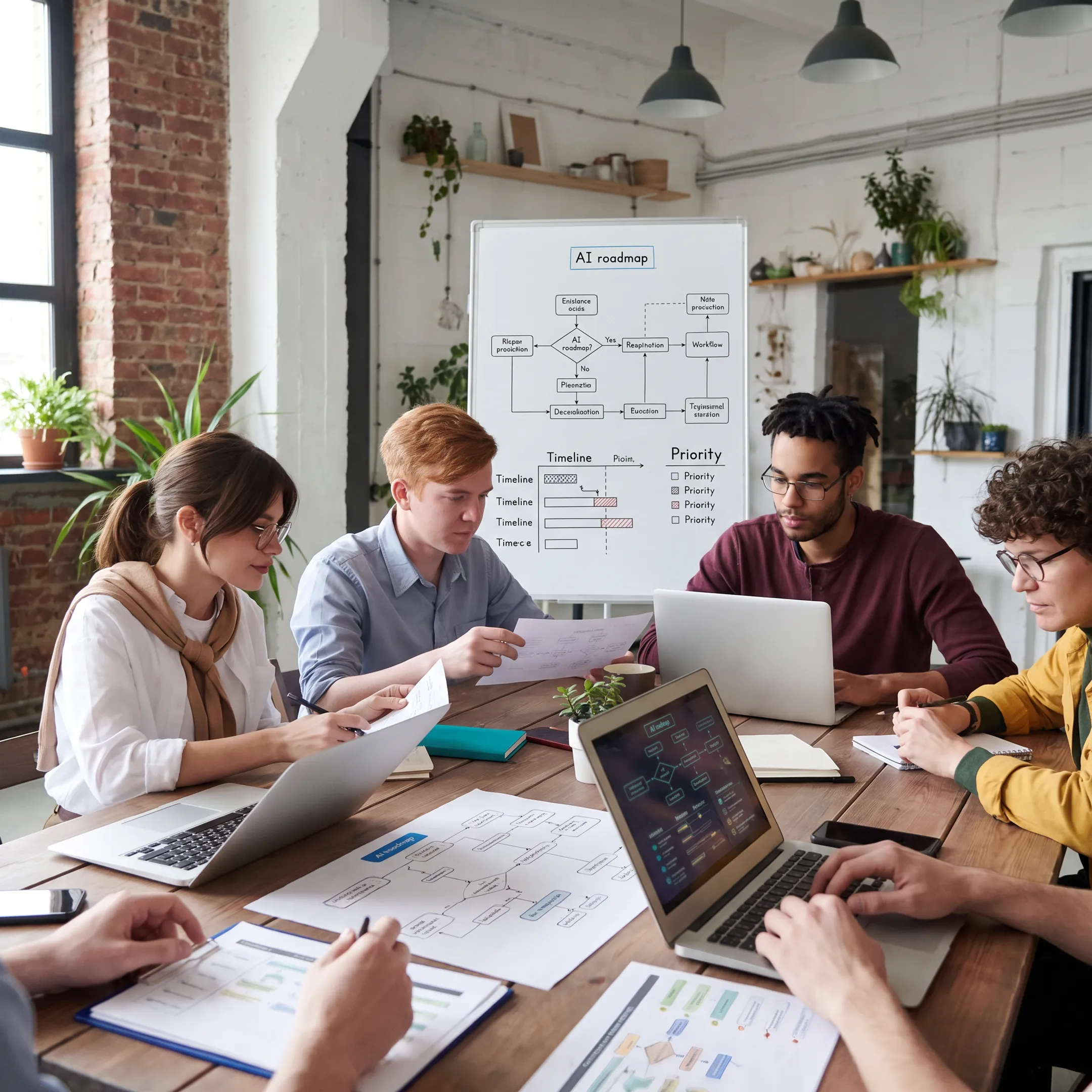 Business leaders collaborating during an AI strategy workshop