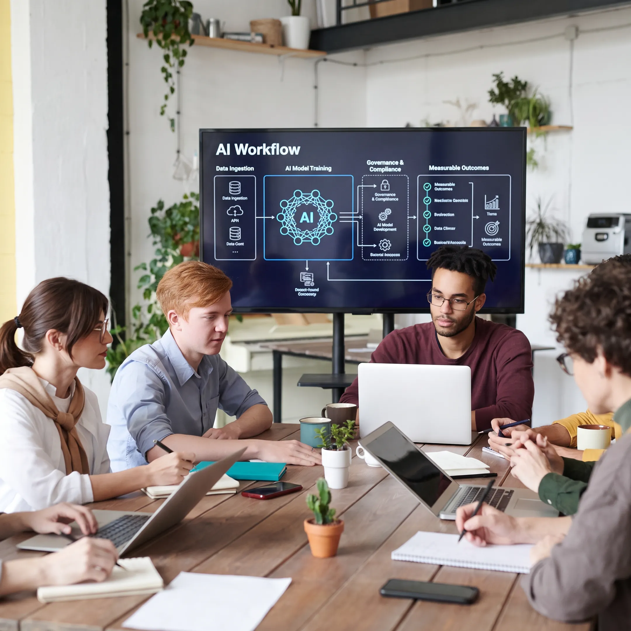 Business leaders participating in an AI strategy workshop